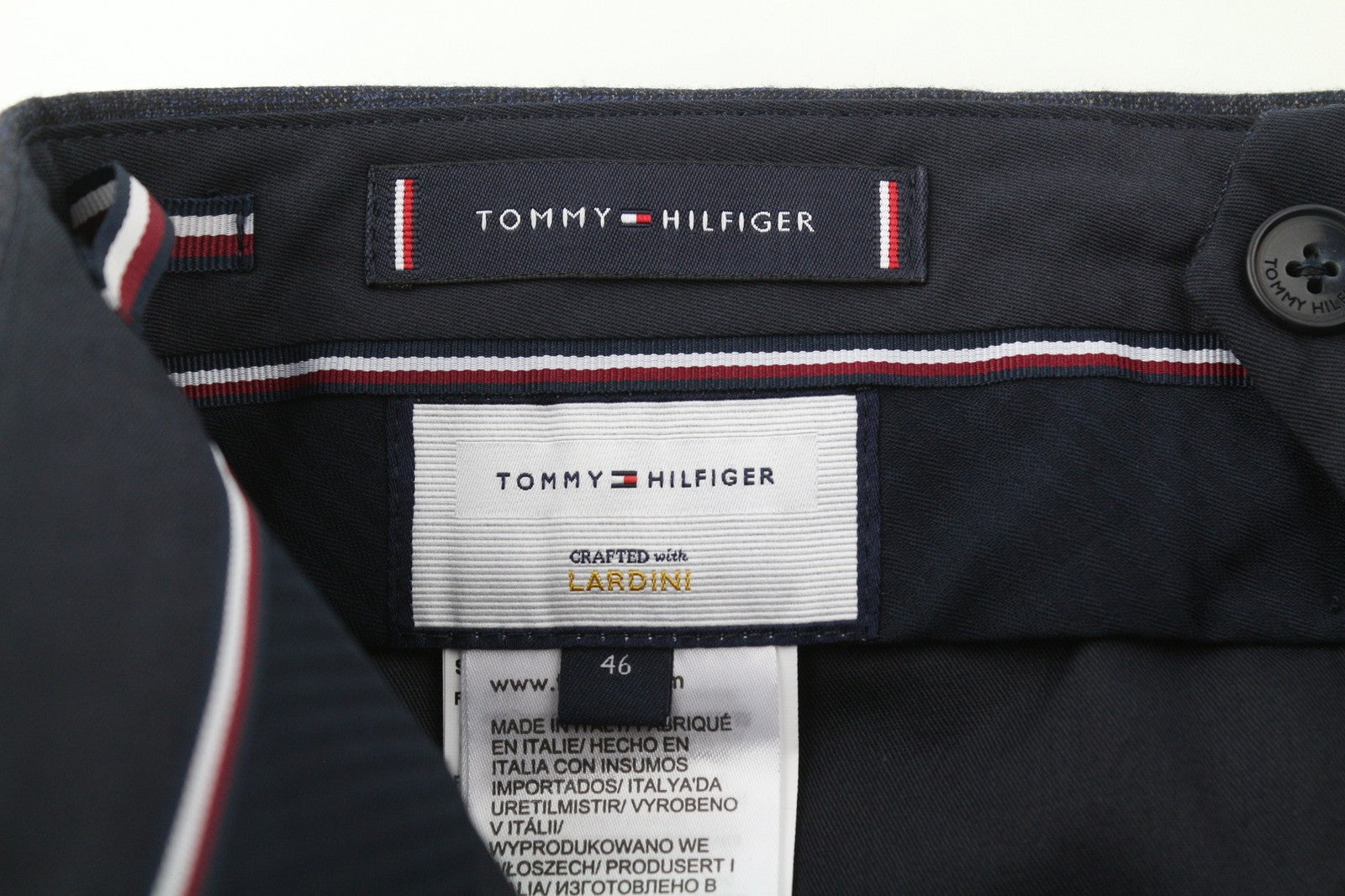 TOMMY HILFIGER Lardini vyriškos kelnės, 46 dydžio, mėlynos, raštuotos, vilnos ir kašmyro, plonos, kirpimo 