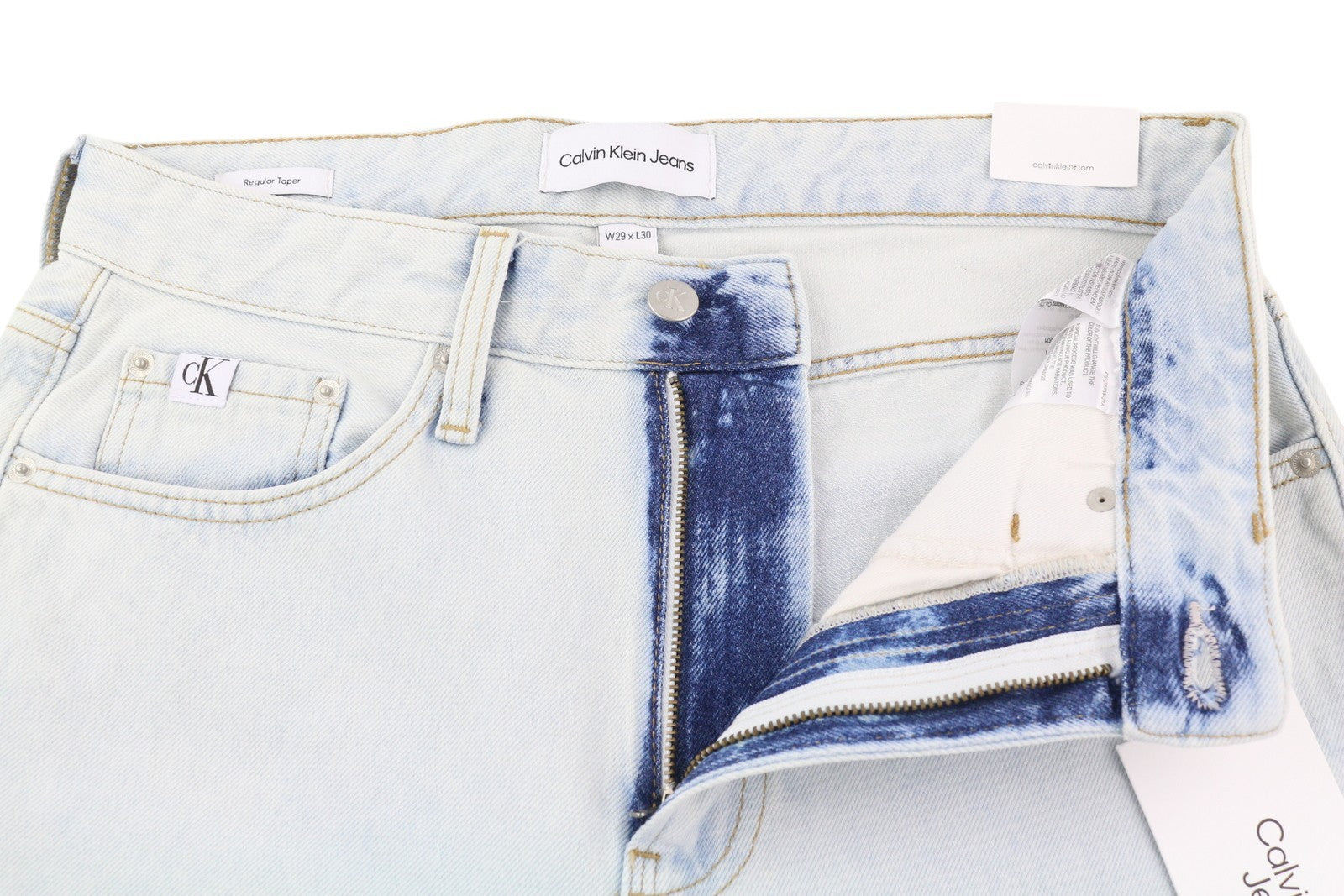 CALVIN KLEIN Regular Taper vyriški džinsai W29/L30 šviesiai mėlyni skalbto džinso užtrauktuku 