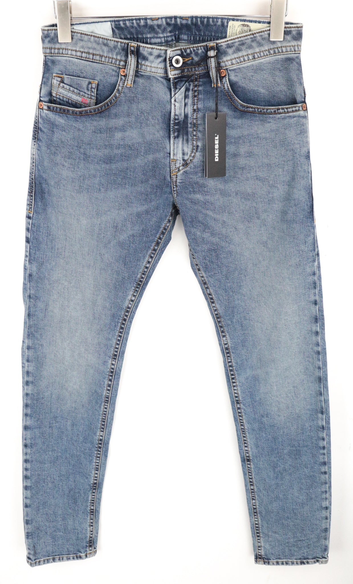 DIESEL Thommer 084UX vyriški džinsai W29/L33 mėlyni akmens plovimo ploni aptempti dėmių užtrauktuku