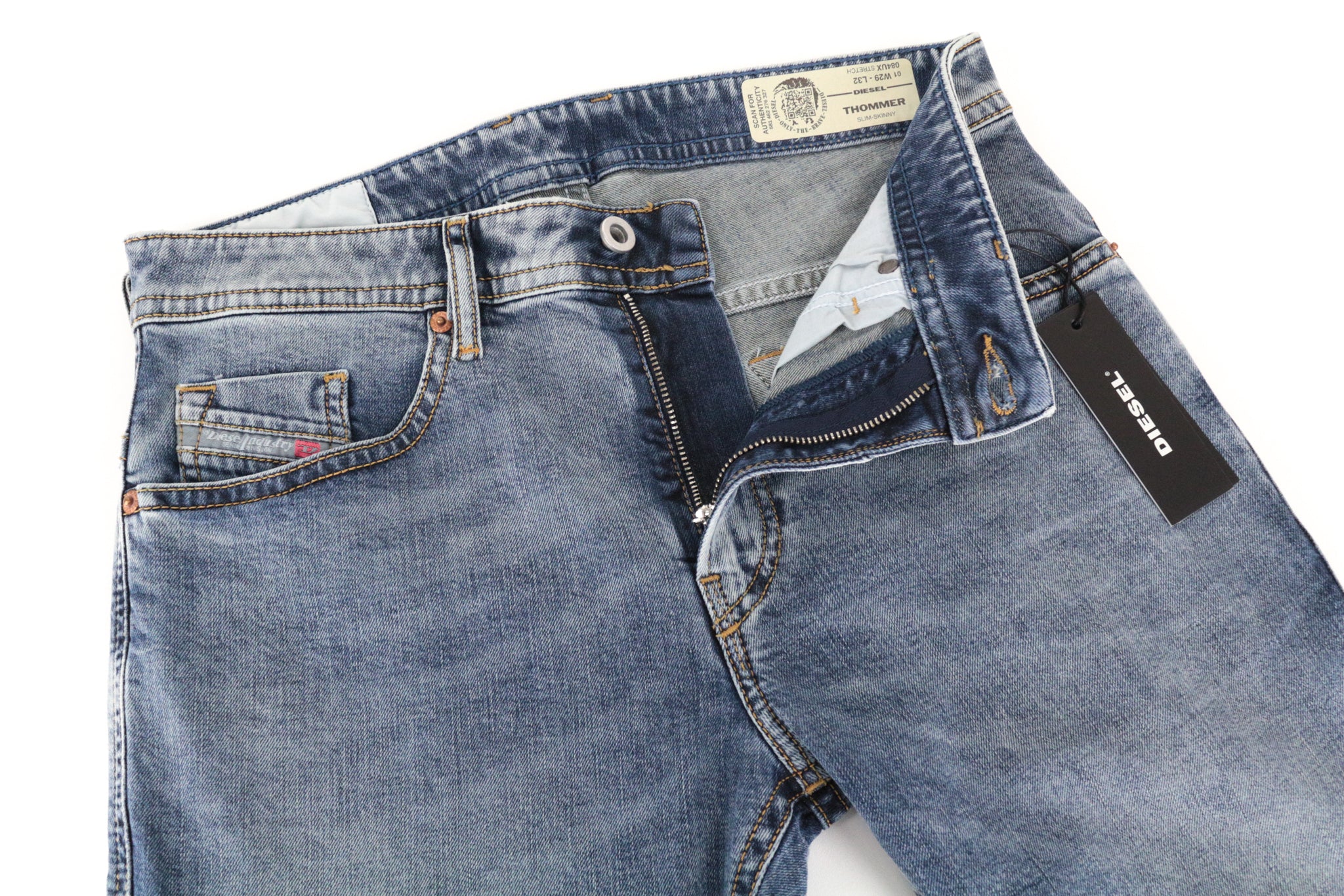 DIESEL Thommer 084UX vyriški džinsai W29/L33 mėlyni akmens plovimo ploni aptempti dėmių užtrauktuku