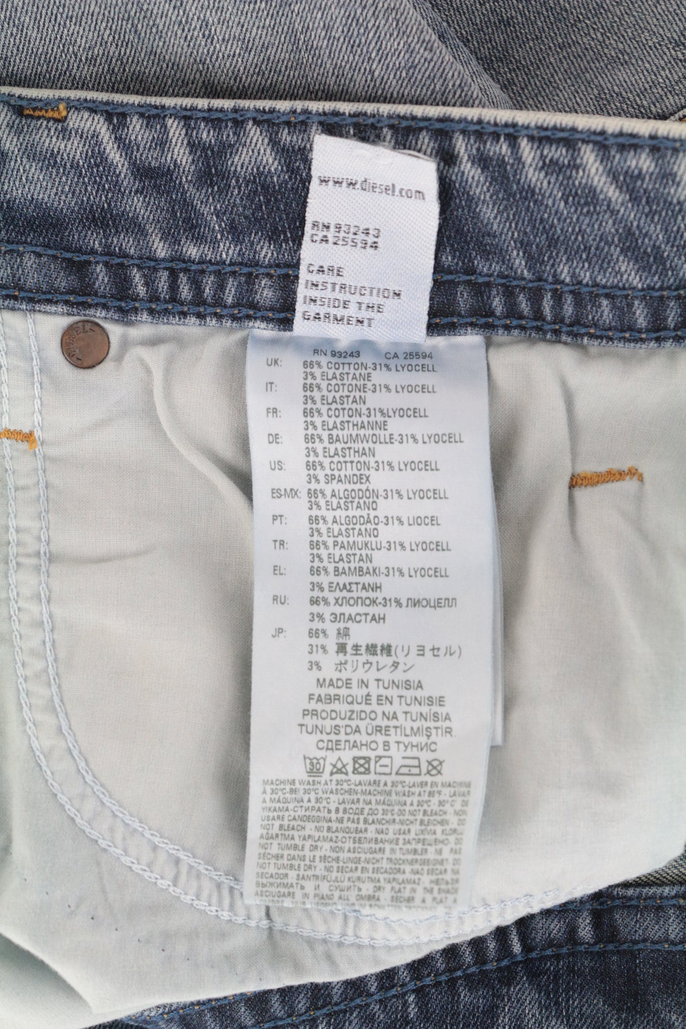 DIESEL Thommer 084UX vyriški džinsai W29/L33 mėlyni akmens plovimo ploni aptempti dėmių užtrauktuku