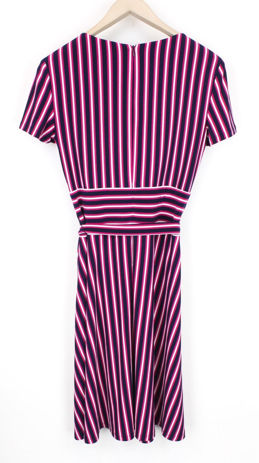 RALPH LAUREN moteriška suknelė, US4 tamsiai violetinė, tampri, trumpomis rankovėmis, V formos iškirpte, dryžuota. 