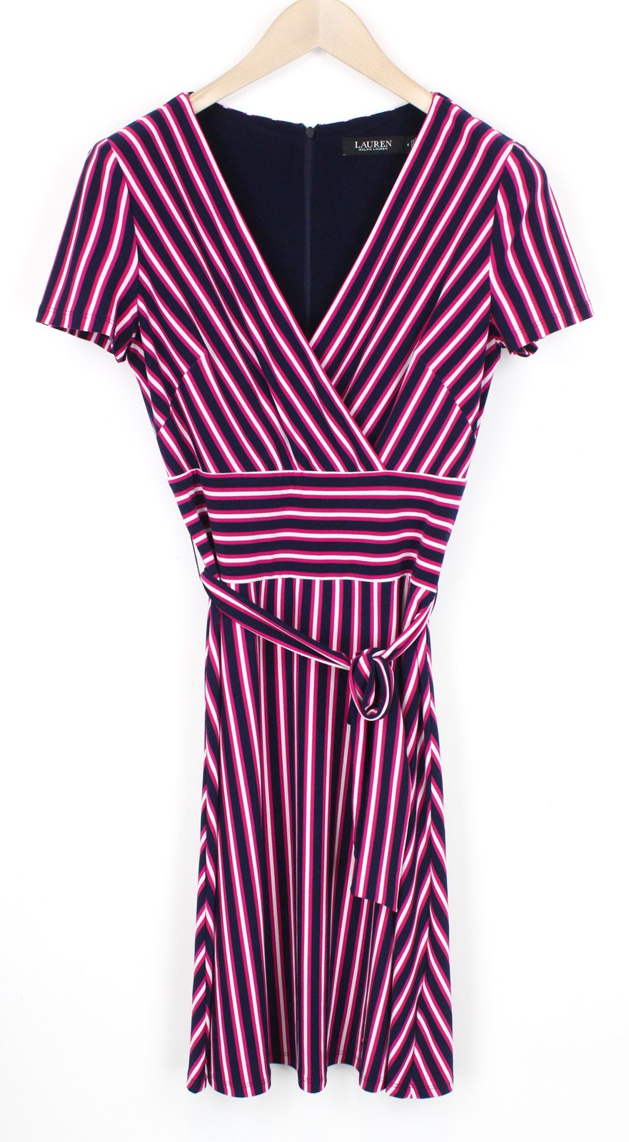 RALPH LAUREN moteriška suknelė, US4 tamsiai violetinė, tampri, trumpomis rankovėmis, V formos iškirpte, dryžuota. 