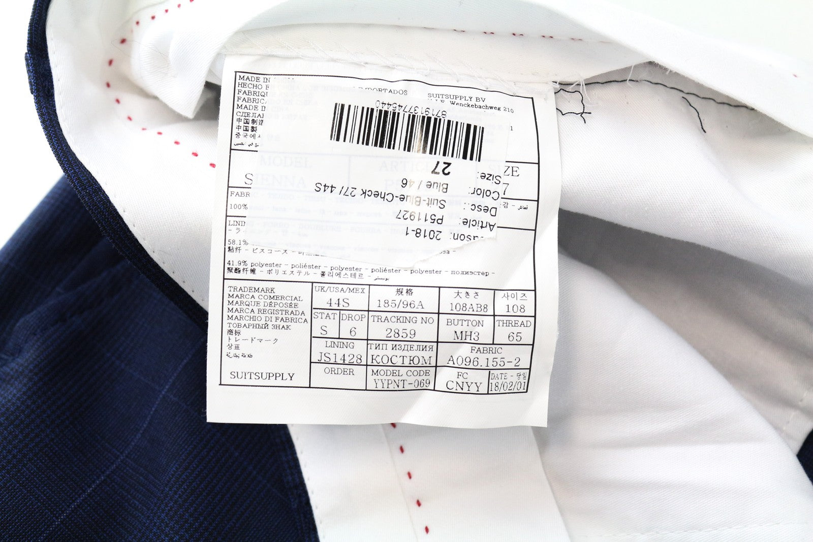 SUITSUPPLY Sienna Men Trousers UK44S Pure Wool Blue Pleated Checked Pattern