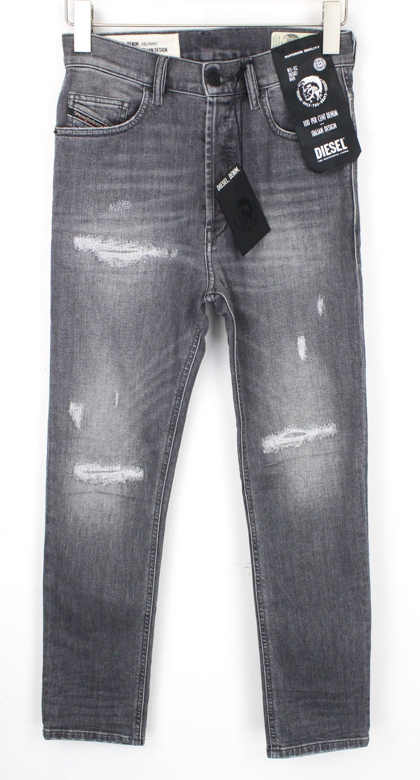 DIESEL D-Eetar 0890F vyriški džinsai W26/L30 berniukams, siaurėjantys pilki, tamprūs, plėšyti medvilniniai džinsai 