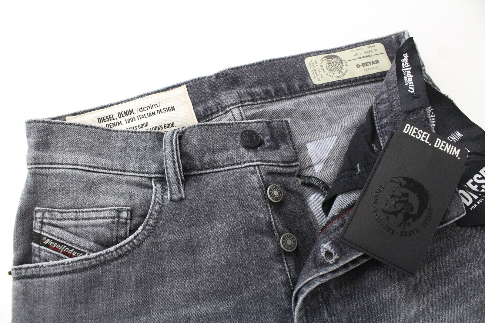 DIESEL D-Eetar 0890F vyriški džinsai W26/L30 berniukams, siaurėjantys pilki, tamprūs, plėšyti medvilniniai džinsai 