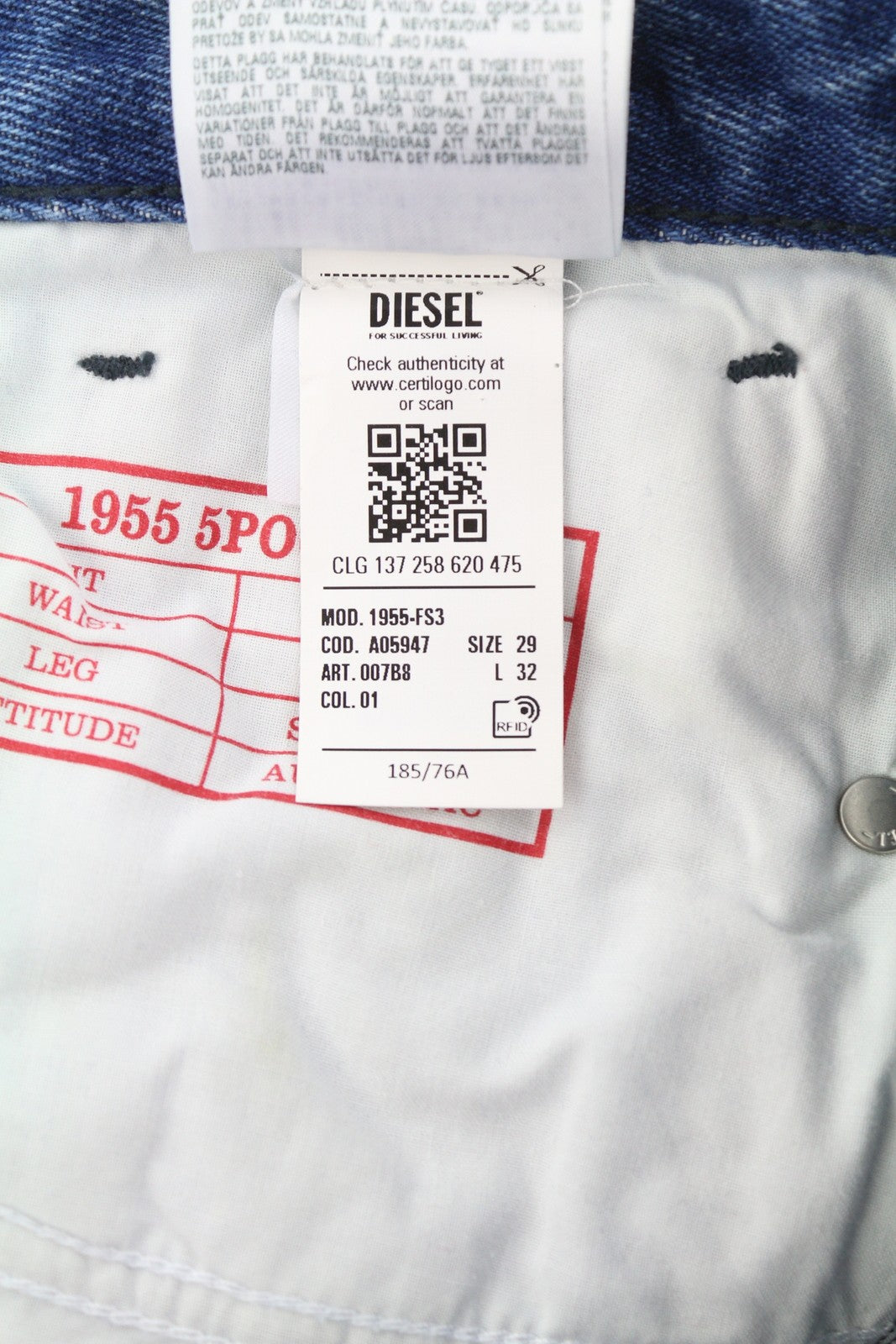 DIESEL 1955-FS3 007B8 vyriški džinsai W29/L32 mėlyni, skalbto rašto, įprastu tiesios klešnės kirpimu 