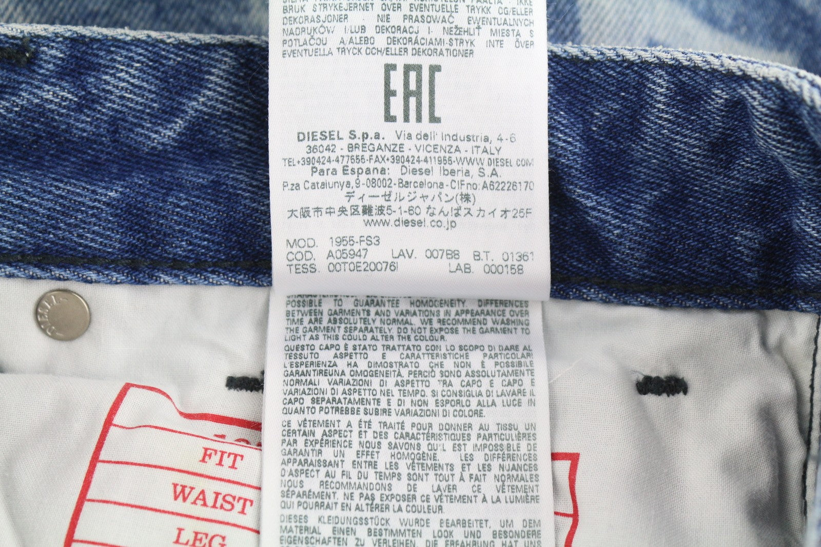 DIESEL 1955-FS3 007B8 Men Jeans W30/L32 Blue Washed Pattern Regular Straight Leg