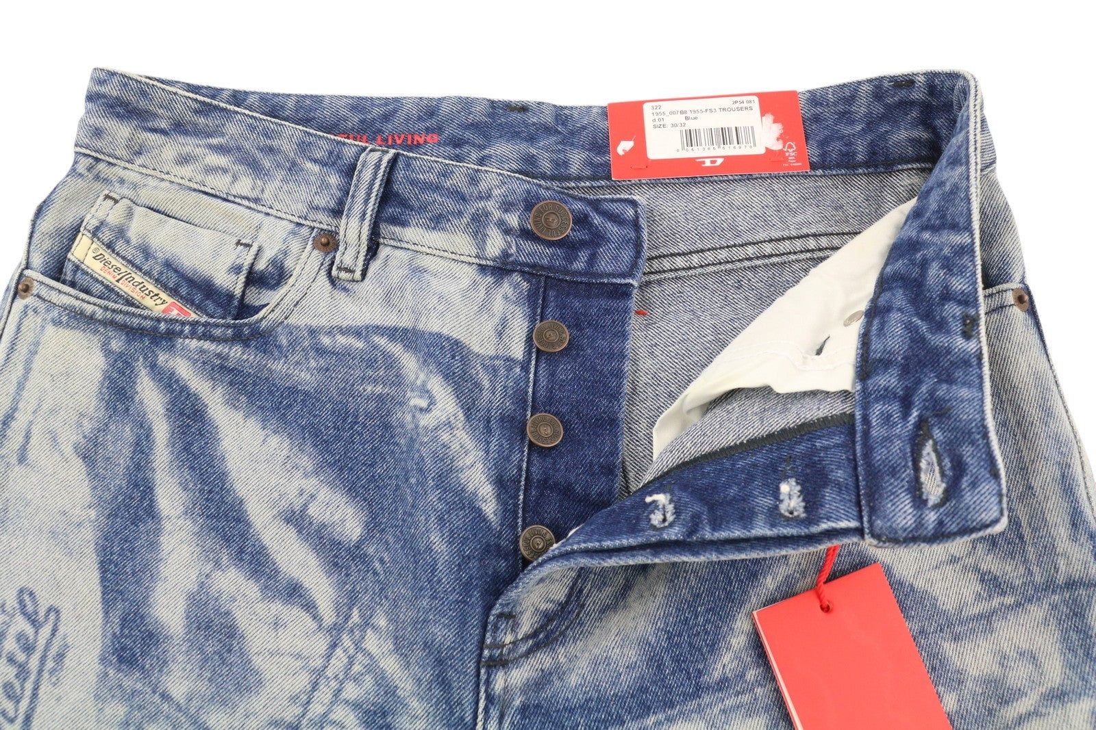 DIESEL 1955-FS3 007B8 Men Jeans W30/L32 Blue Washed Pattern Regular Straight Leg