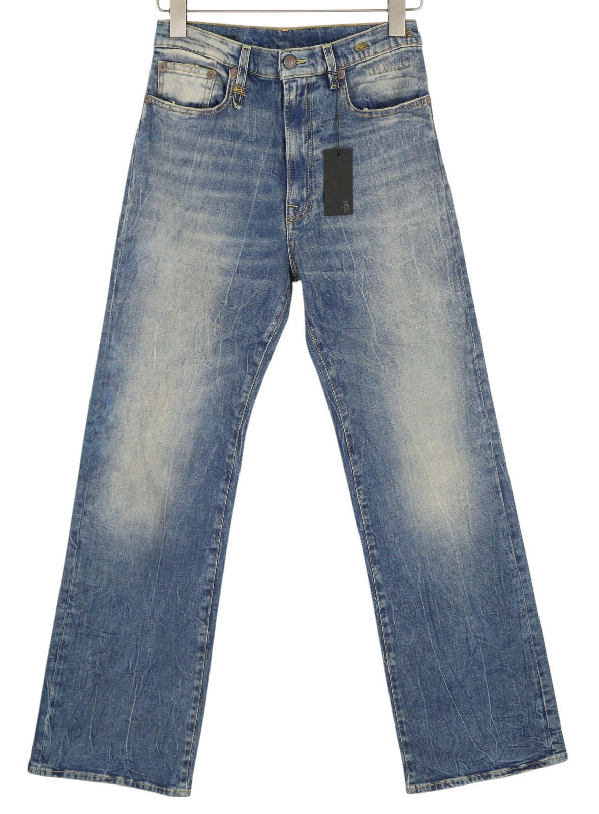 R13 Jane moteriški džinsai, 27 Kelly tamprūs, tiesūs, platėjantys, skalbti, išblukę, užtrauktukai. Rekomenduojama kaina – 645 €. 