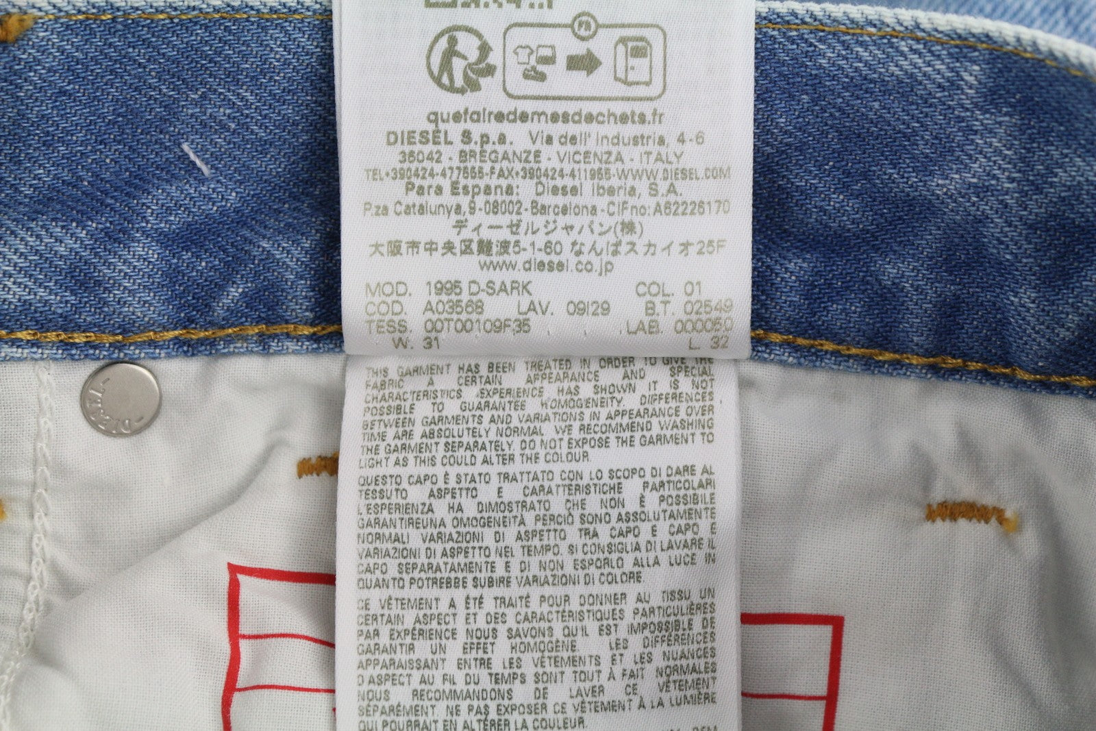 DIESEL 1995 D-Sark 09I29 vyriški džinsai W31/L32 mėlyni, tiesūs, vidutinio juosmens, RRP 246 USD 