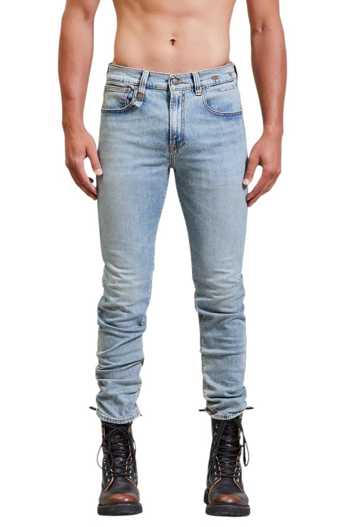 R13 Skate stiliaus vyriški džinsai, 33 dydis, Jasper tamprūs, aptempti, skalbtos mėlynos spalvos su išblukusiu logotipu. RMK 440 €. 