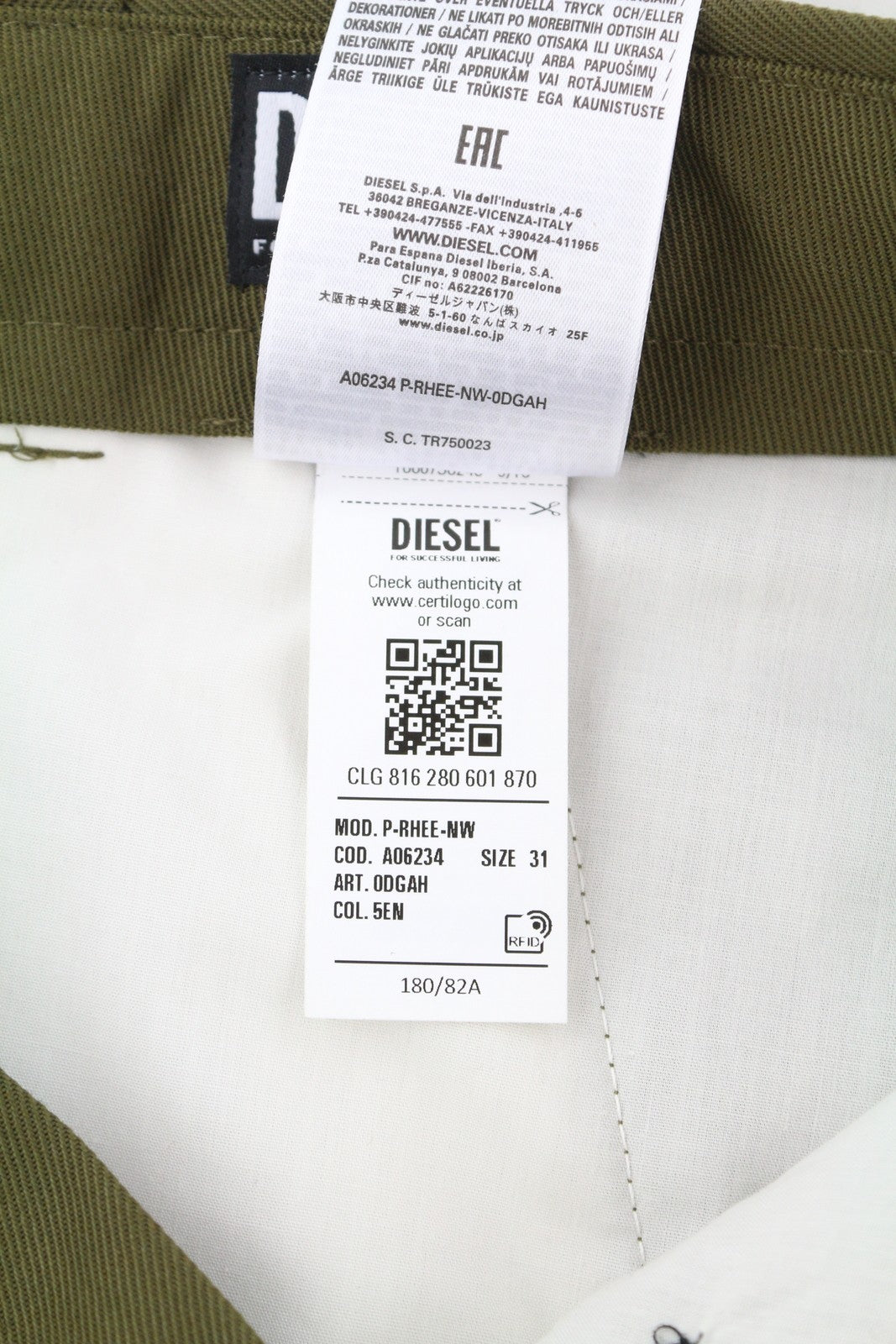 DIESEL P-Rhee-Nw vyriškos kelnės W31 žalios vilnos mišinio su klostuotomis užtrauktukais RRP283