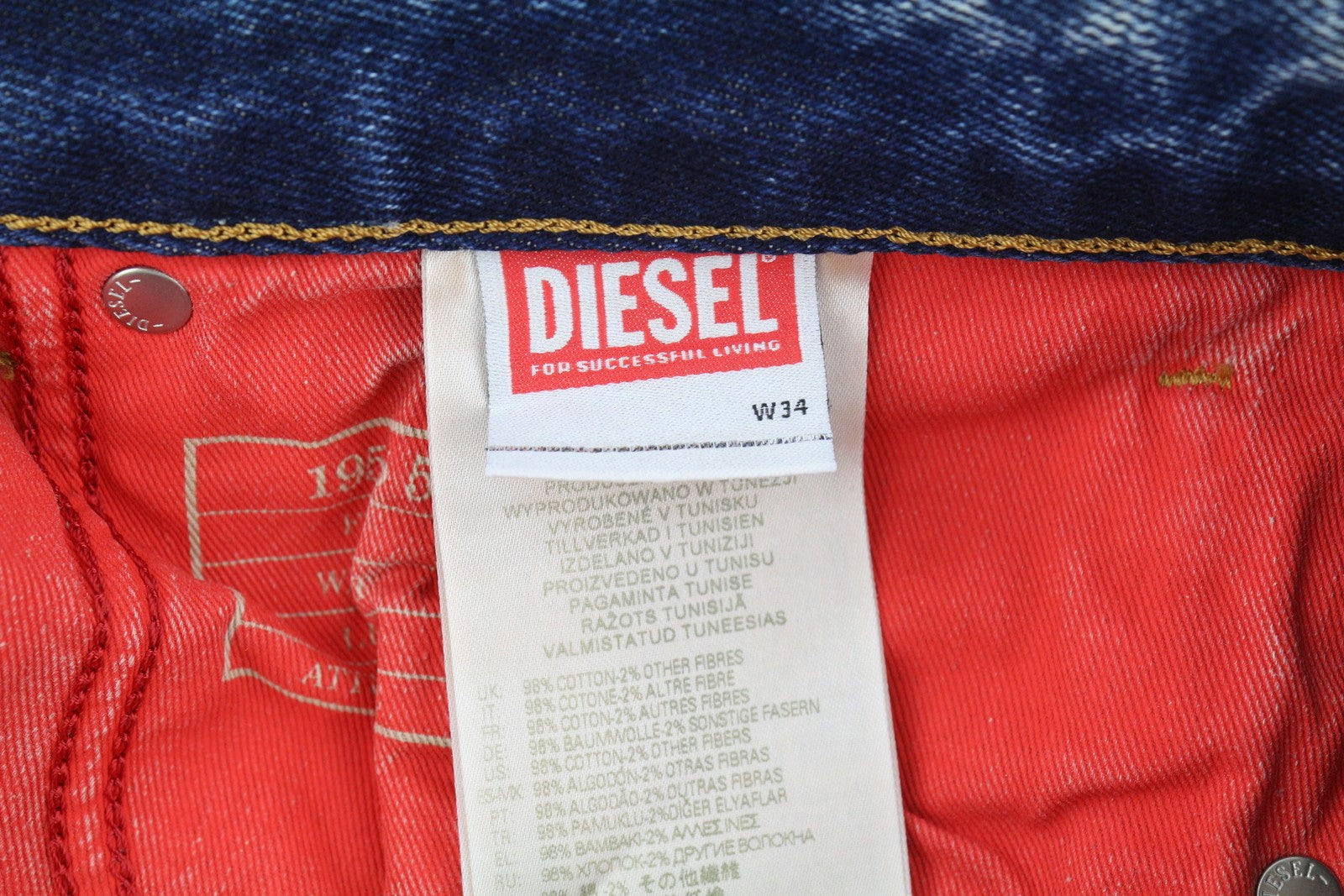 DIESEL 1955 09E10 vyriški džinsai W34/L34 mėlyni, įprasti, tiesūs klešnės, su išsekimu, RRP 375 USD 