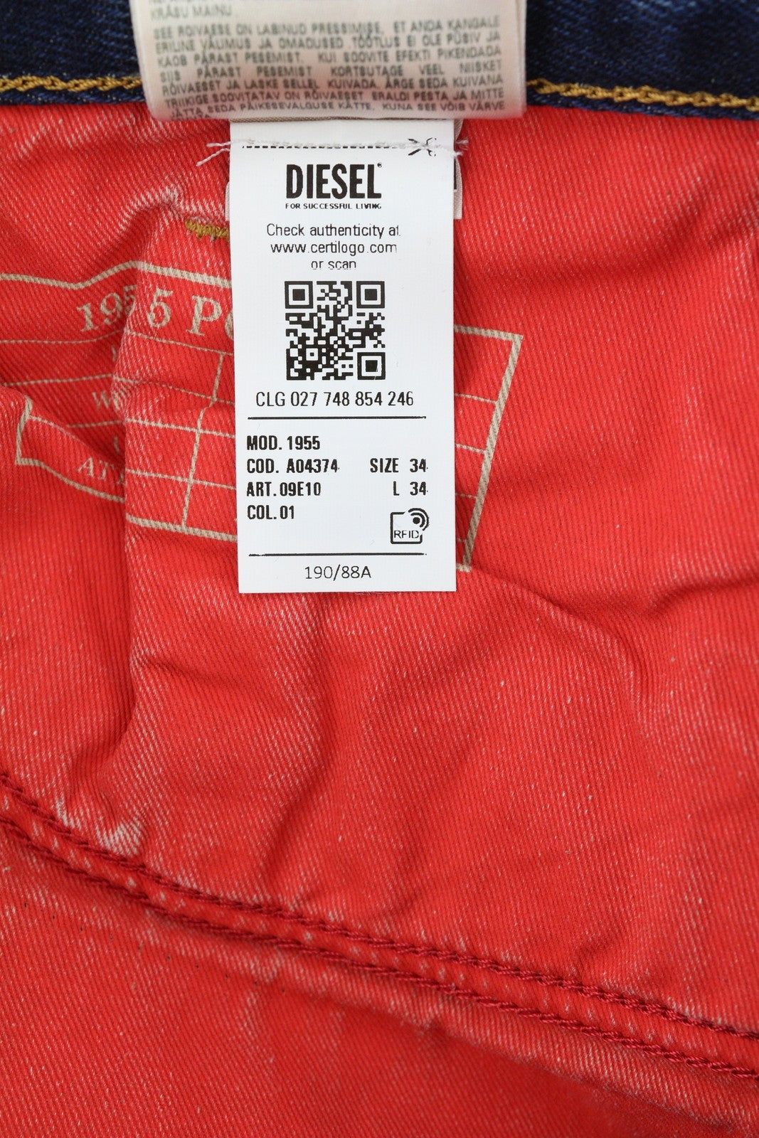 DIESEL 1955 09E10 vyriški džinsai W34/L34 mėlyni, įprasti, tiesūs klešnės, su išsekimu, RRP 375 USD 
