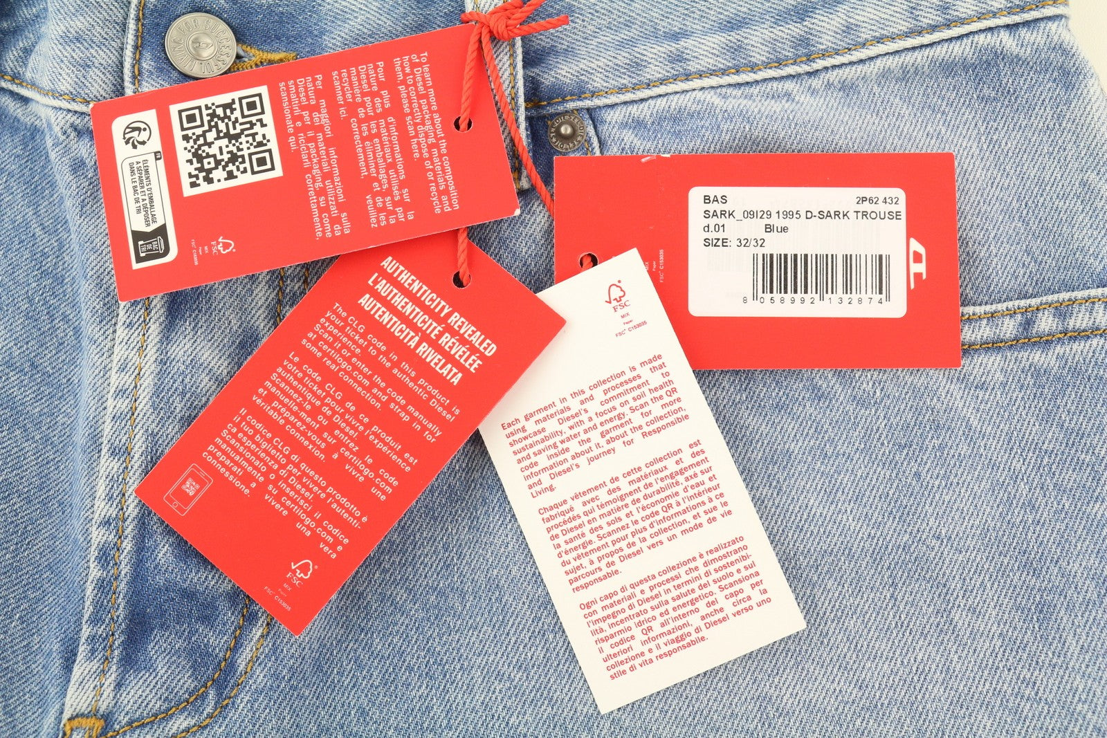 DIESEL 1995 D-Sark 09I29 vyriški džinsai W32/L32 mėlyni, ploni, tiesūs, skalbti, rekomenduojama kaina – 246 USD 