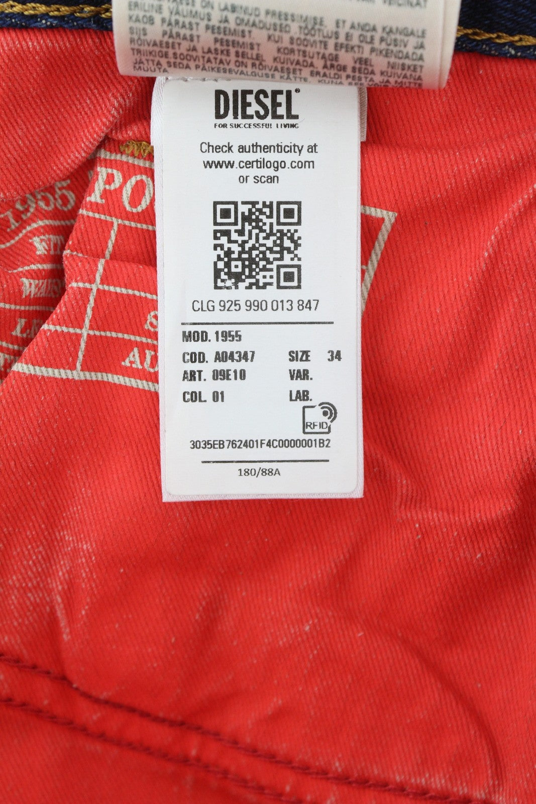 DIESEL 1955 09E10 vyriški džinsai, W34/L30, mėlyni, tiesaus kirpimo, su gobtuvu, RRP 375 USD. 