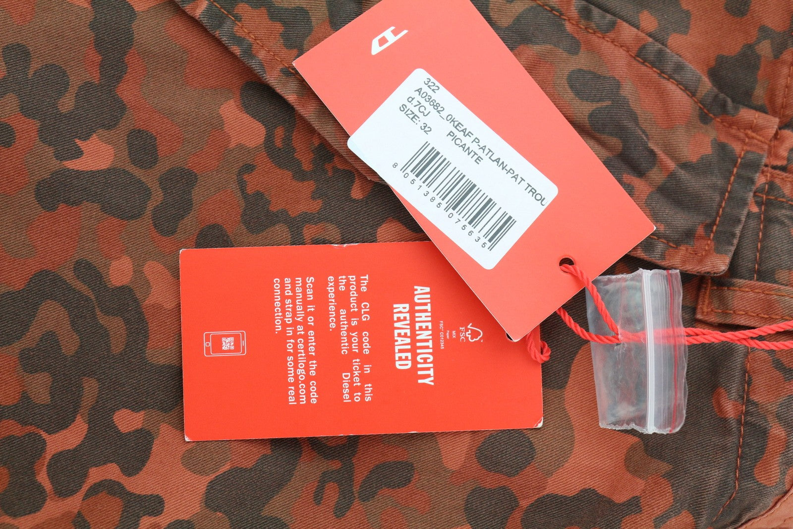 DIESEL P-Atlan-Pat vyriškos kelnės W32 oranžinės, kamufliažinės, su keliomis kišenėmis, RRP 295 €