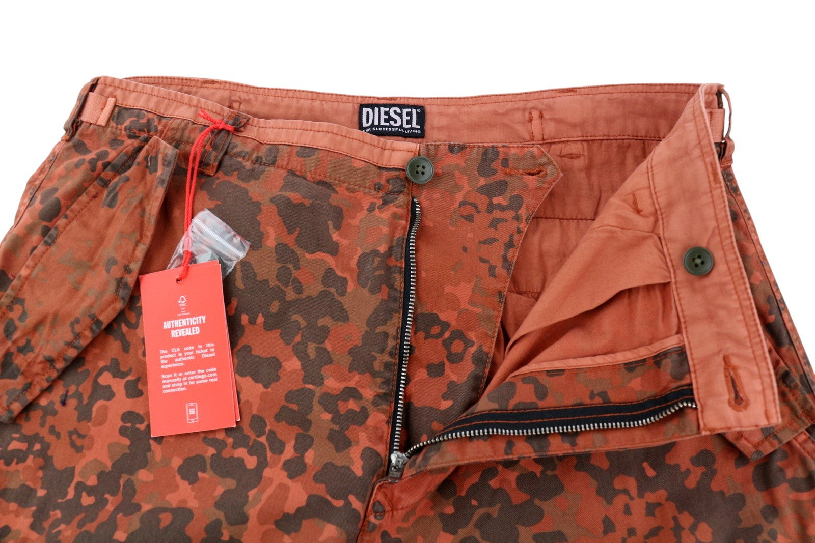 DIESEL P-Atlan-Pat vyriškos kelnės W33 oranžinės, kamufliažinės, su keliomis kišenėmis, RRP 295 € 