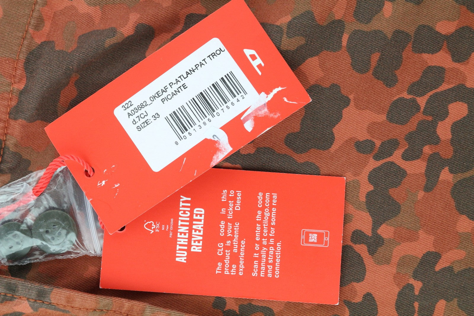 DIESEL P-Atlan-Pat vyriškos kelnės W33 oranžinės, kamufliažinės, su keliomis kišenėmis, RRP 295 € 