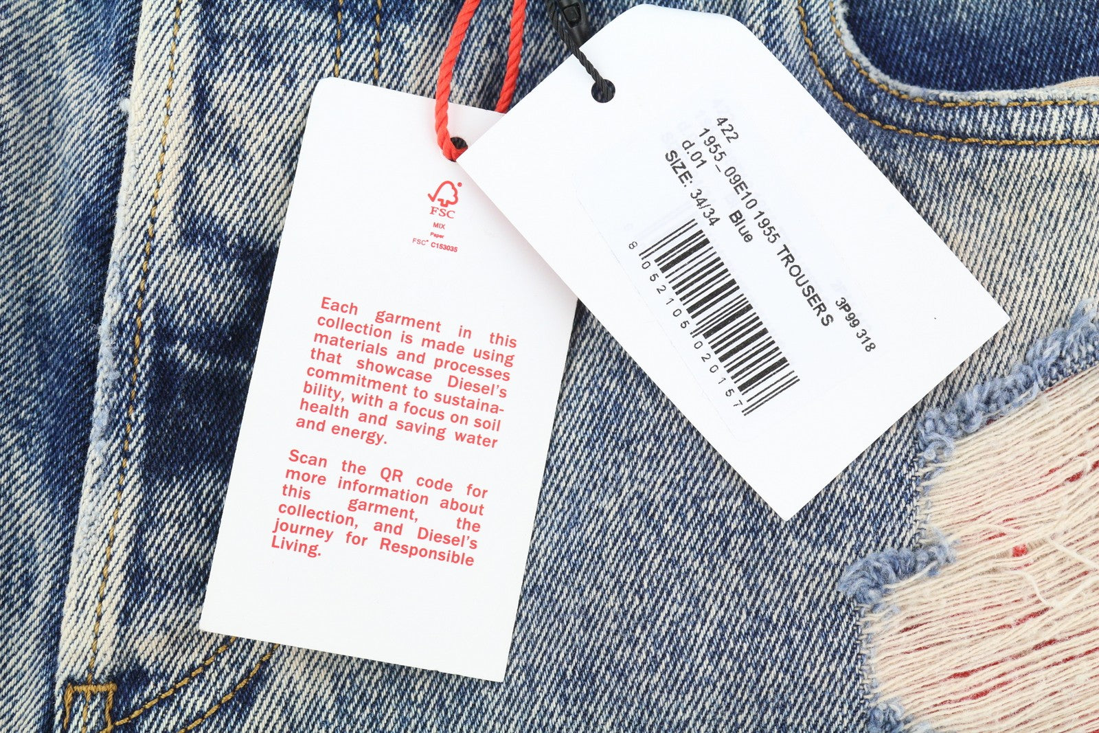 DIESEL 1955 09E10 vyriški džinsai, W34/L34, mėlyni, tiesaus kirpimo, su gobtuvu, RRP 375 USD. 