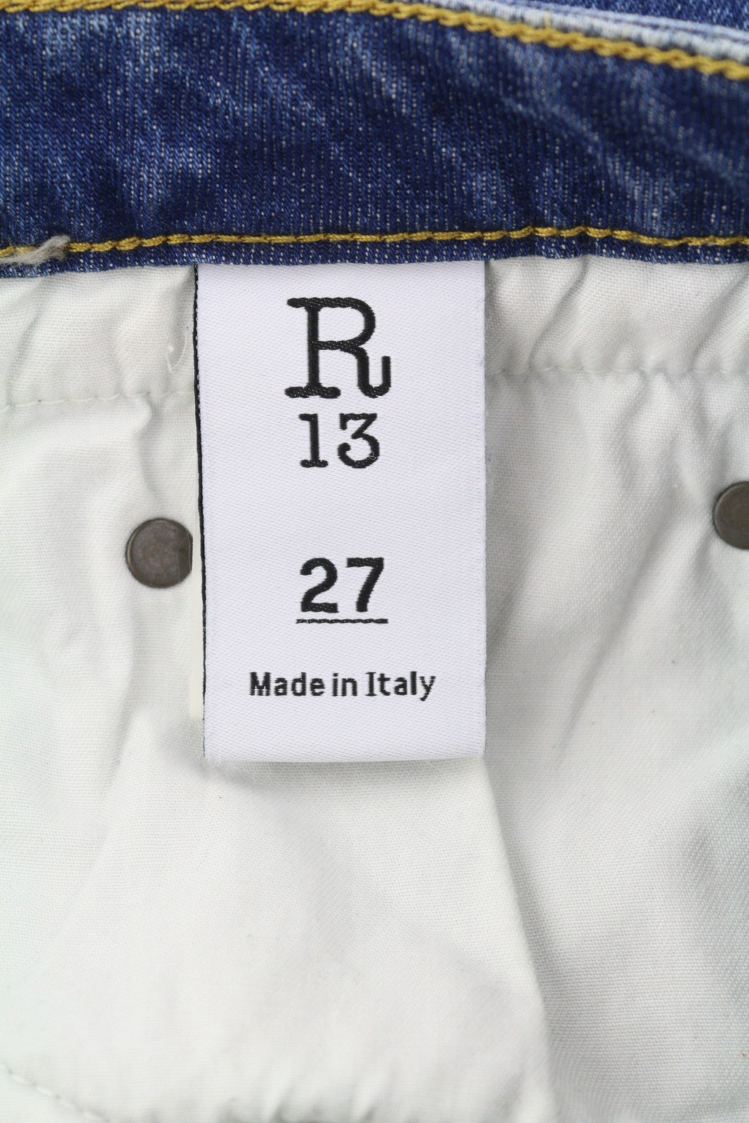 R13 berniukiški moteriški džinsai, 27 colio tiesūs Carlton tamprūs iki kulkšnių, mėlyni, džinsiniai, RRP 495 € 