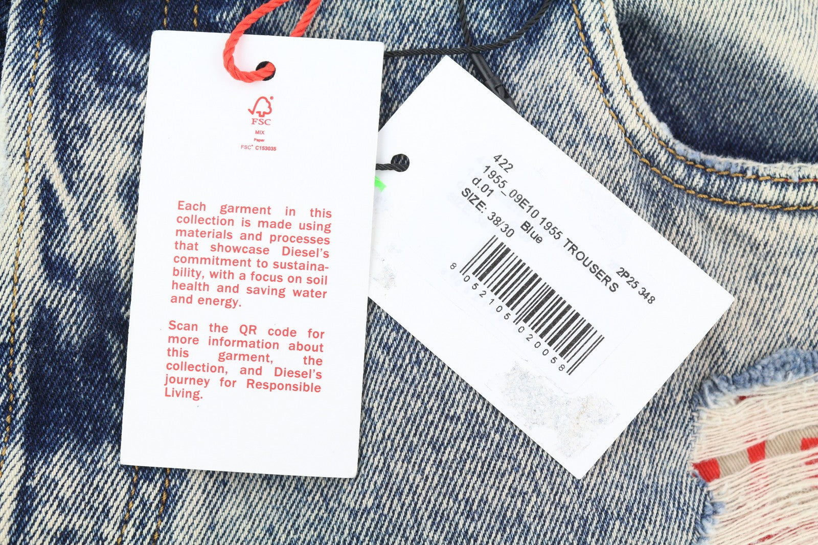 DIESEL 1955 09E10 vyriški džinsai, W38/L30, mėlyni, tiesaus kirpimo, su gobtuvu, RRP 375 USD. 