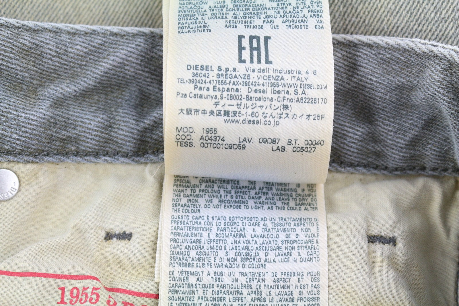 DIESEL 1955 09D87 vyriški džinsai W34/L34 mėlyni sendinto stiliaus, įprasti, tiesūs, aukštu juosmeniu 