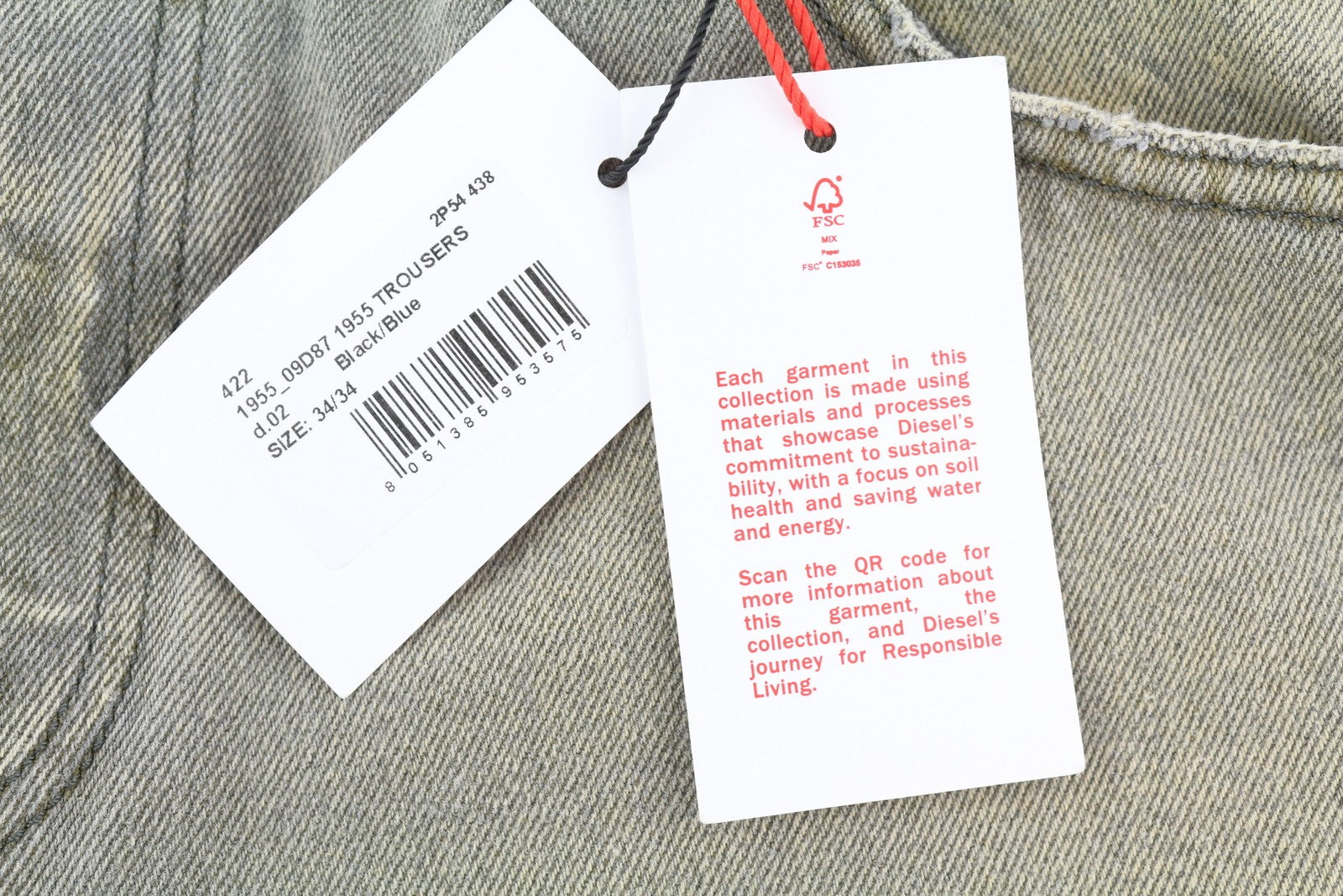 DIESEL 1955 09D87 vyriški džinsai W34/L34 mėlyni sendinto stiliaus, įprasti, tiesūs, aukštu juosmeniu 