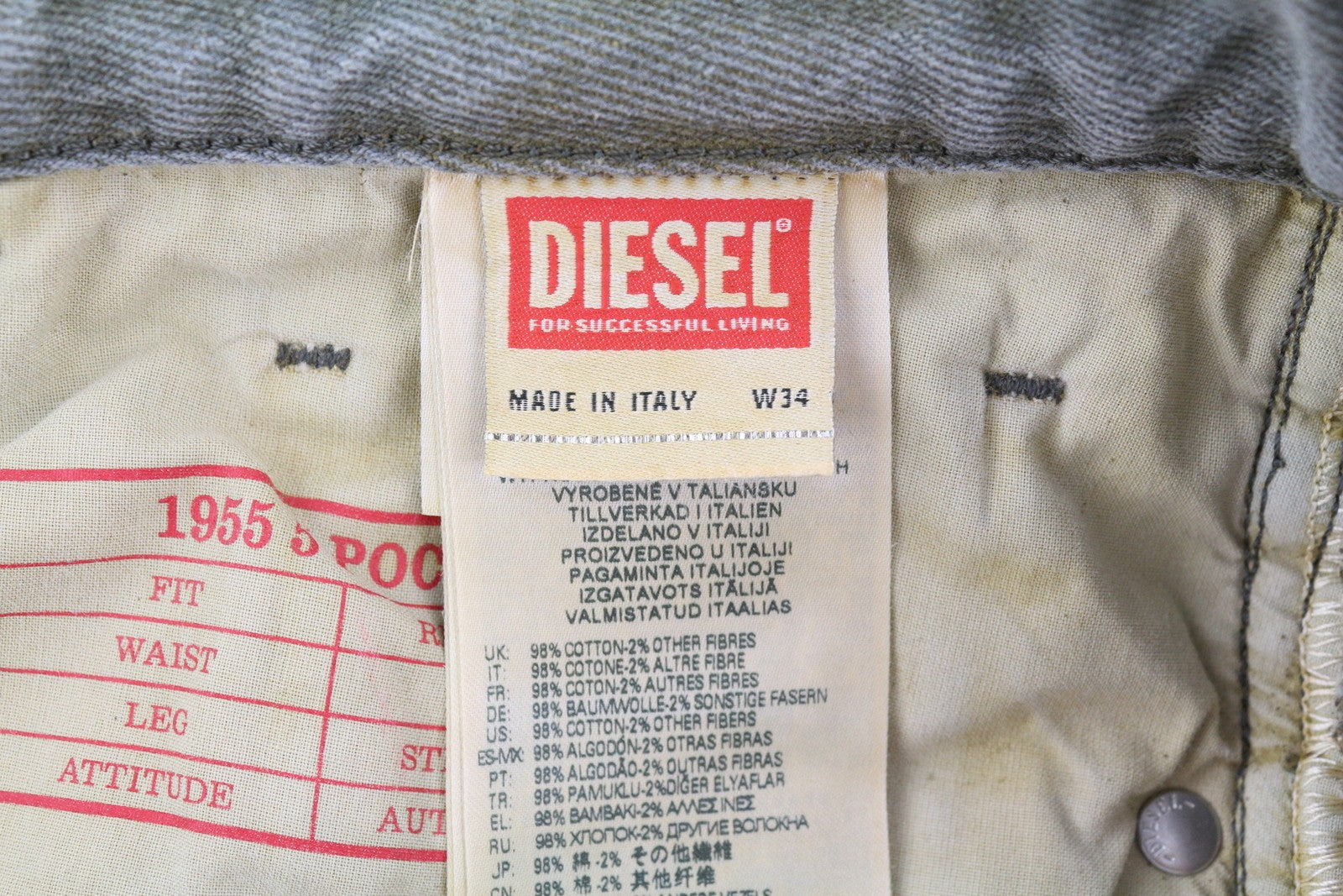 DIESEL 1955 09D87 vyriški džinsai W34/L34 mėlyni sendinto stiliaus, įprasti, tiesūs, aukštu juosmeniu 