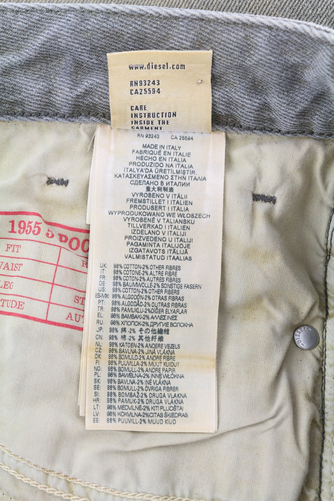 DIESEL 1955 09D87 vyriški džinsai W34/L34 mėlyni sendinto stiliaus, įprasti, tiesūs, aukštu juosmeniu 