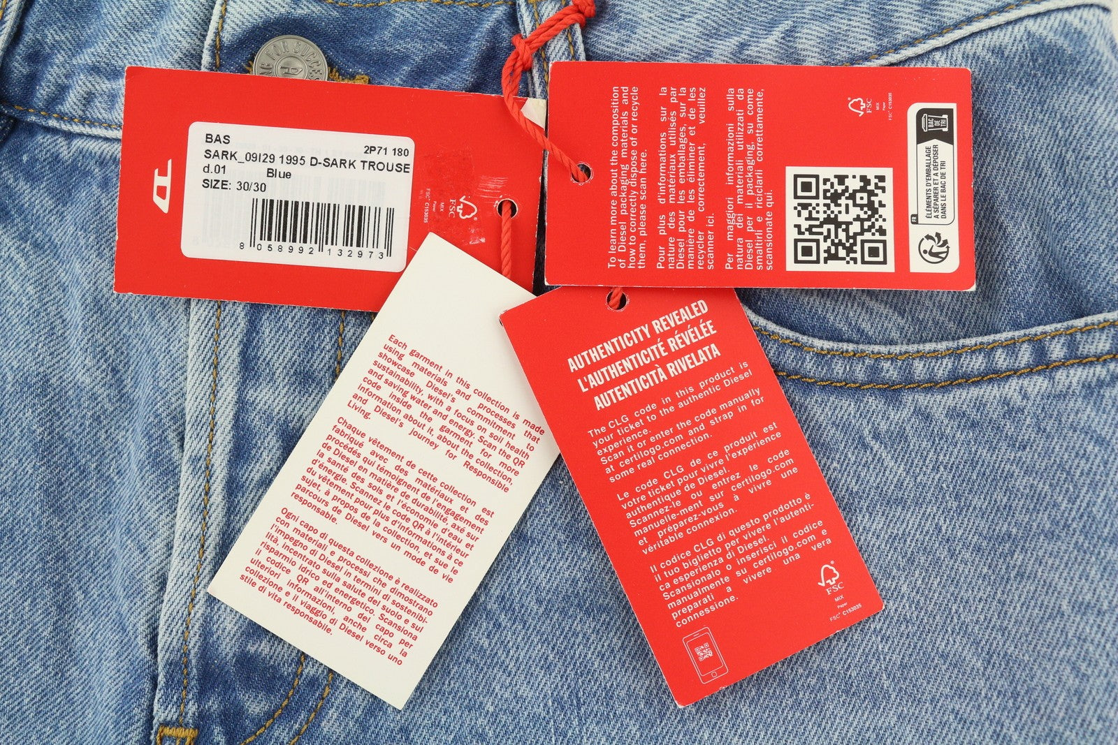DIESEL 1995 D-Sark 09I29 vyriški džinsai W30/L30 mėlyni, tiesūs, vidutinio juosmens, RRP 246 USD 