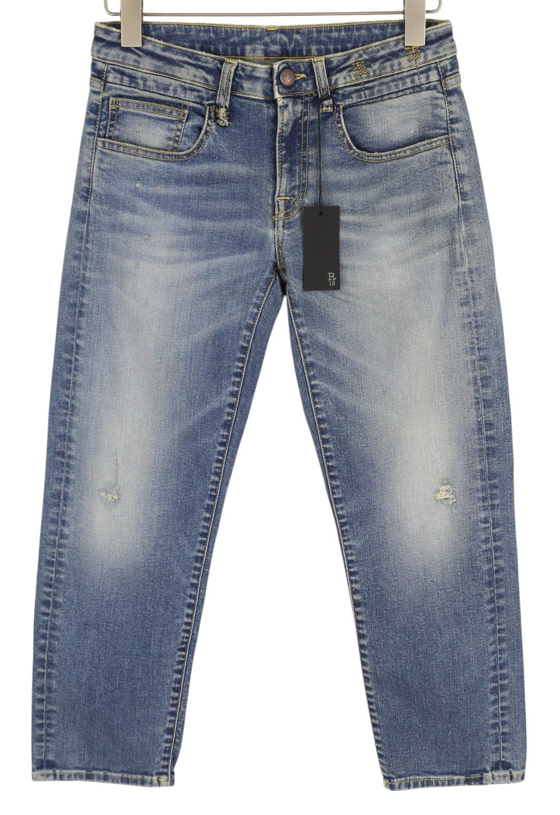 R13 Boy Straight Rips Women Jeans 27 Carlton Ripped Distress Washed Ankle Blue