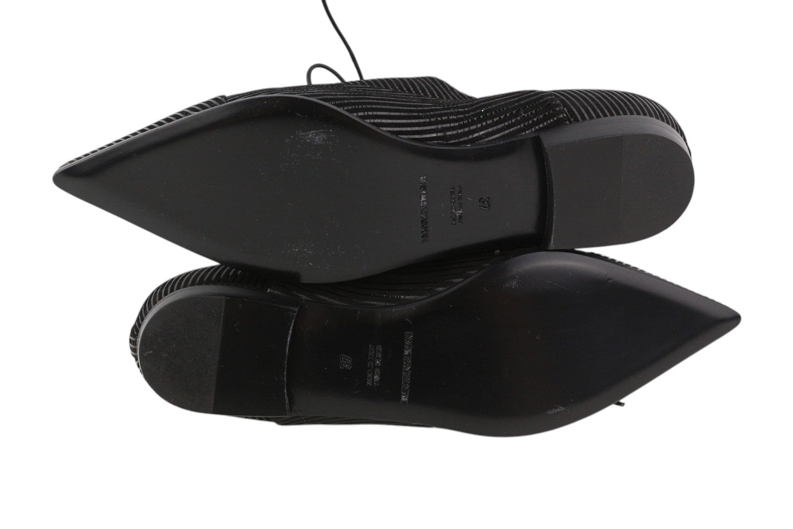 EMPORIO ARMANI moteriški bateliai, 37 dydis, juodi, blizgantys, dryžuoti, smailūs pirštai, suvarstomi. 