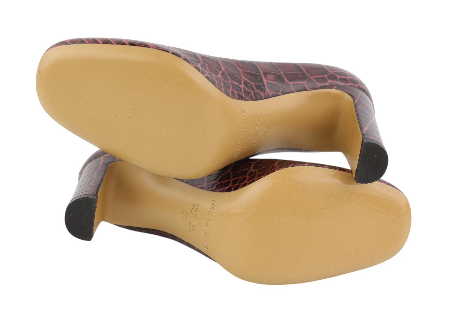 EMPORIO ARMANI moteriški aukštakulniai, EU37, bordo spalvos, odiniai, raštuoti, apvalios nosies bateliai su užtrauktuku. 