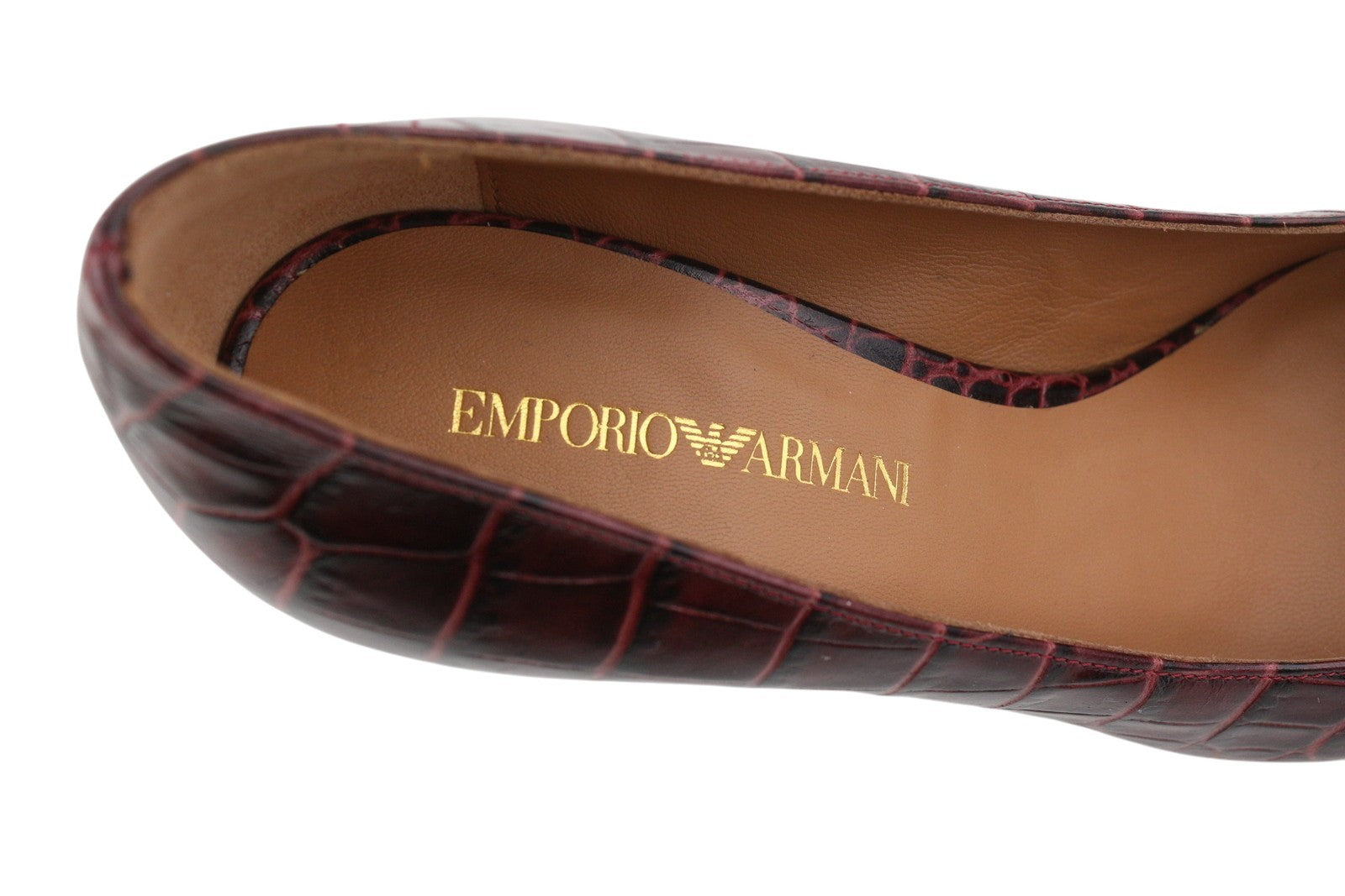 EMPORIO ARMANI moteriški aukštakulniai, EU37, bordo spalvos, odiniai, raštuoti, apvalios nosies bateliai su užtrauktuku. 