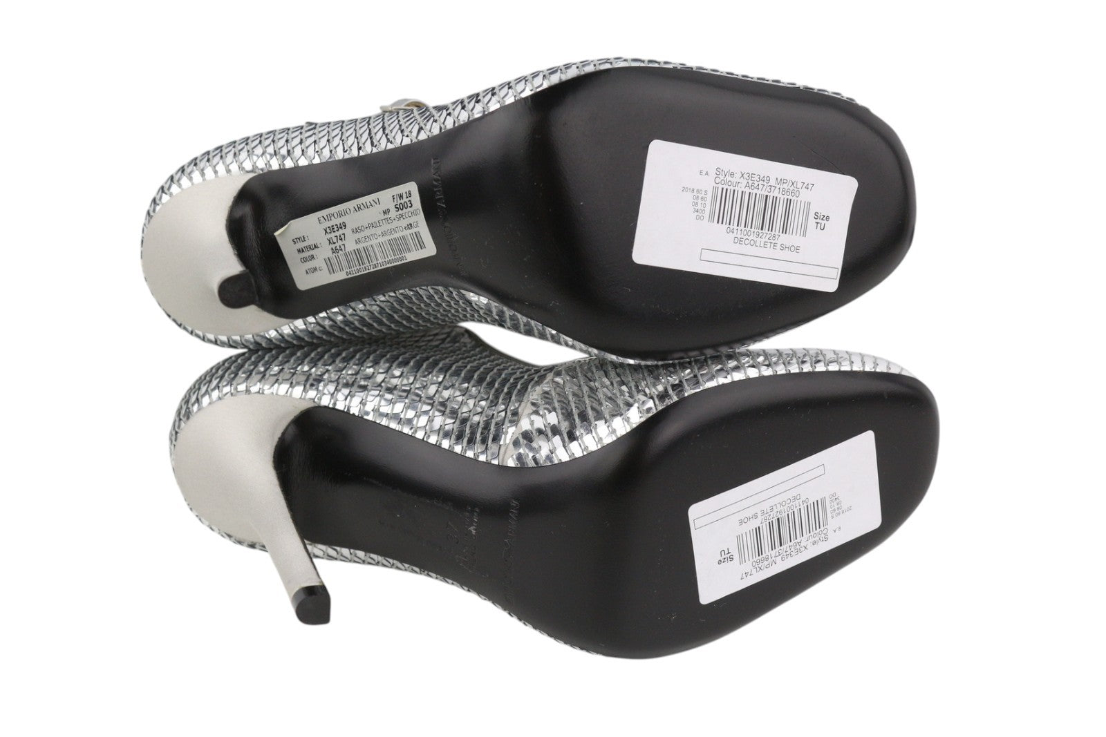 EMPORIO ARMANI X3E349 moteriški aukštakulniai, EU37, sidabriniai, blizgantys blizgučiai, apvalios nosies. 