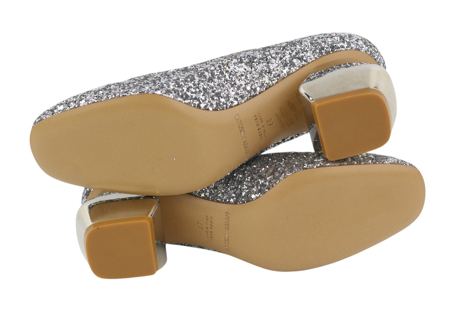 EMPORIO ARMANI moteriški aukštakulniai, 37 dydžio, odiniai, blizgantys, sidabriniai, apvalios nosies. 