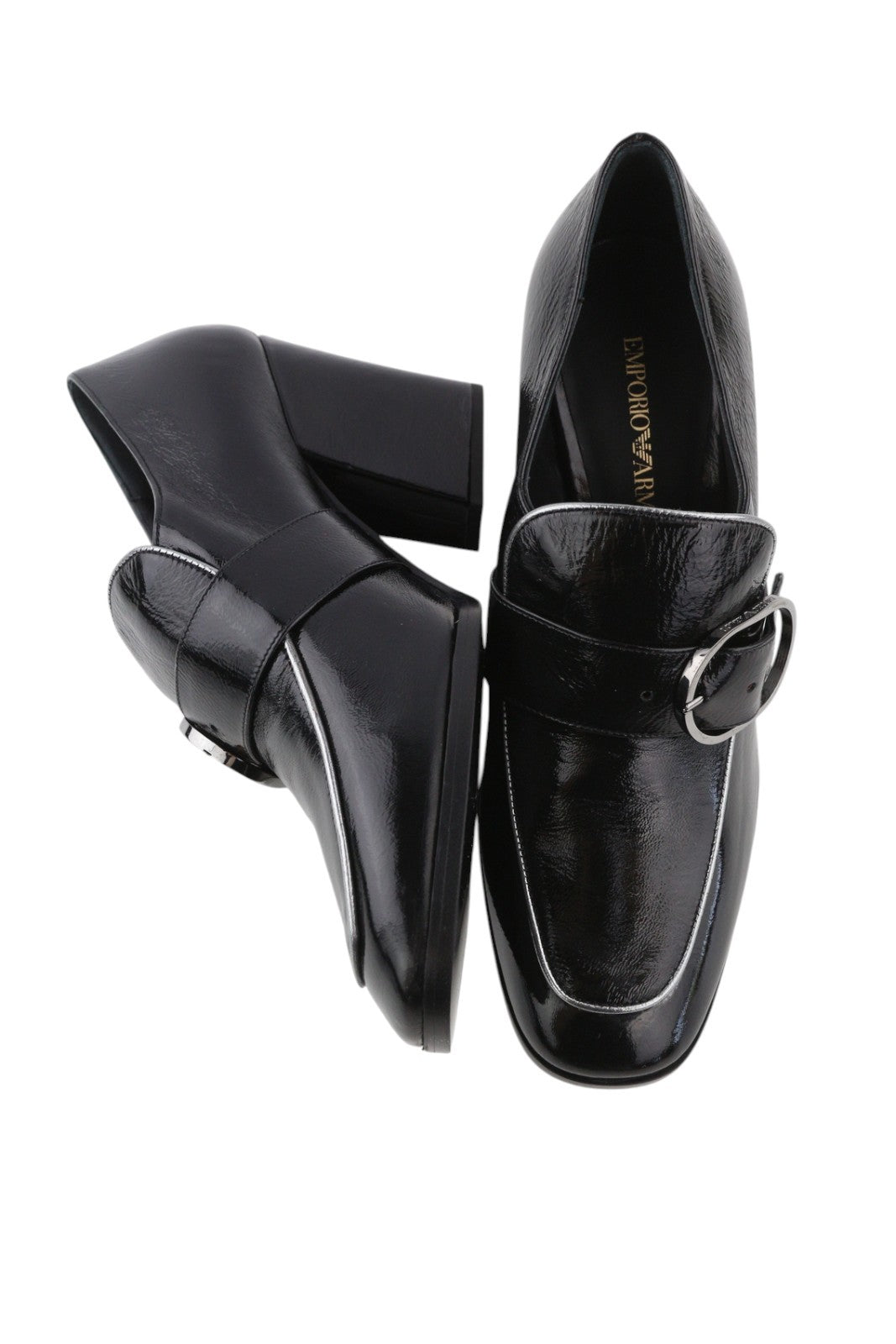 EMPORIO ARMANI moteriški aukštakulniai, 37 €, juodi lakuotos odos kvadratinės nosies sagtimi 