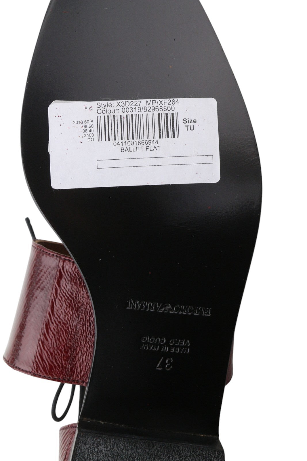 EMPORIO ARMANI X3D227 moteriški bateliai su bordo spalvos odiniais baleto bateliais, migdolo spalvos nosimis. 