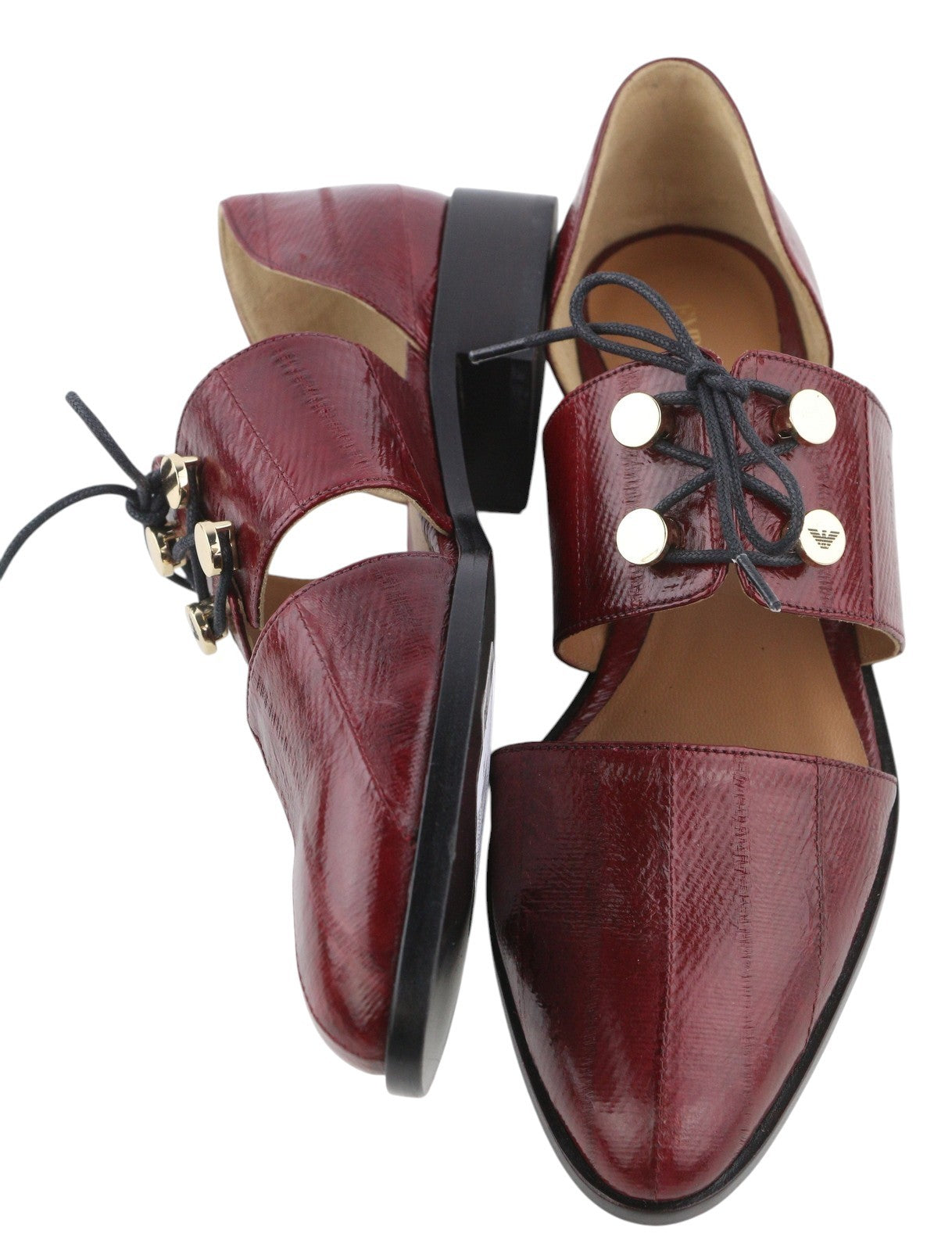 EMPORIO ARMANI X3D227 moteriški bateliai su bordo spalvos odiniais baleto bateliais, migdolo spalvos nosimis. 