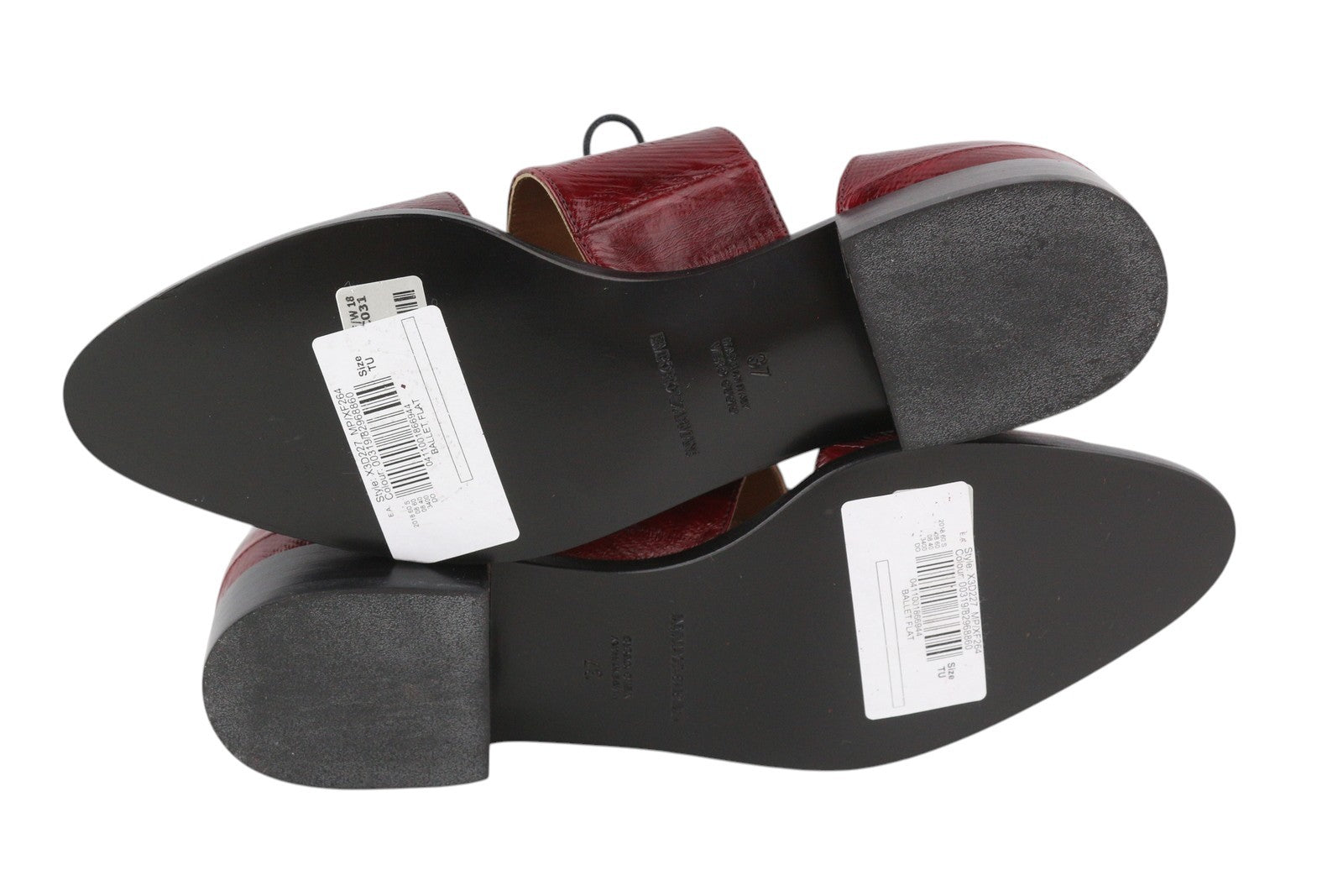 EMPORIO ARMANI X3D227 moteriški bateliai su bordo spalvos odiniais baleto bateliais, migdolo spalvos nosimis. 