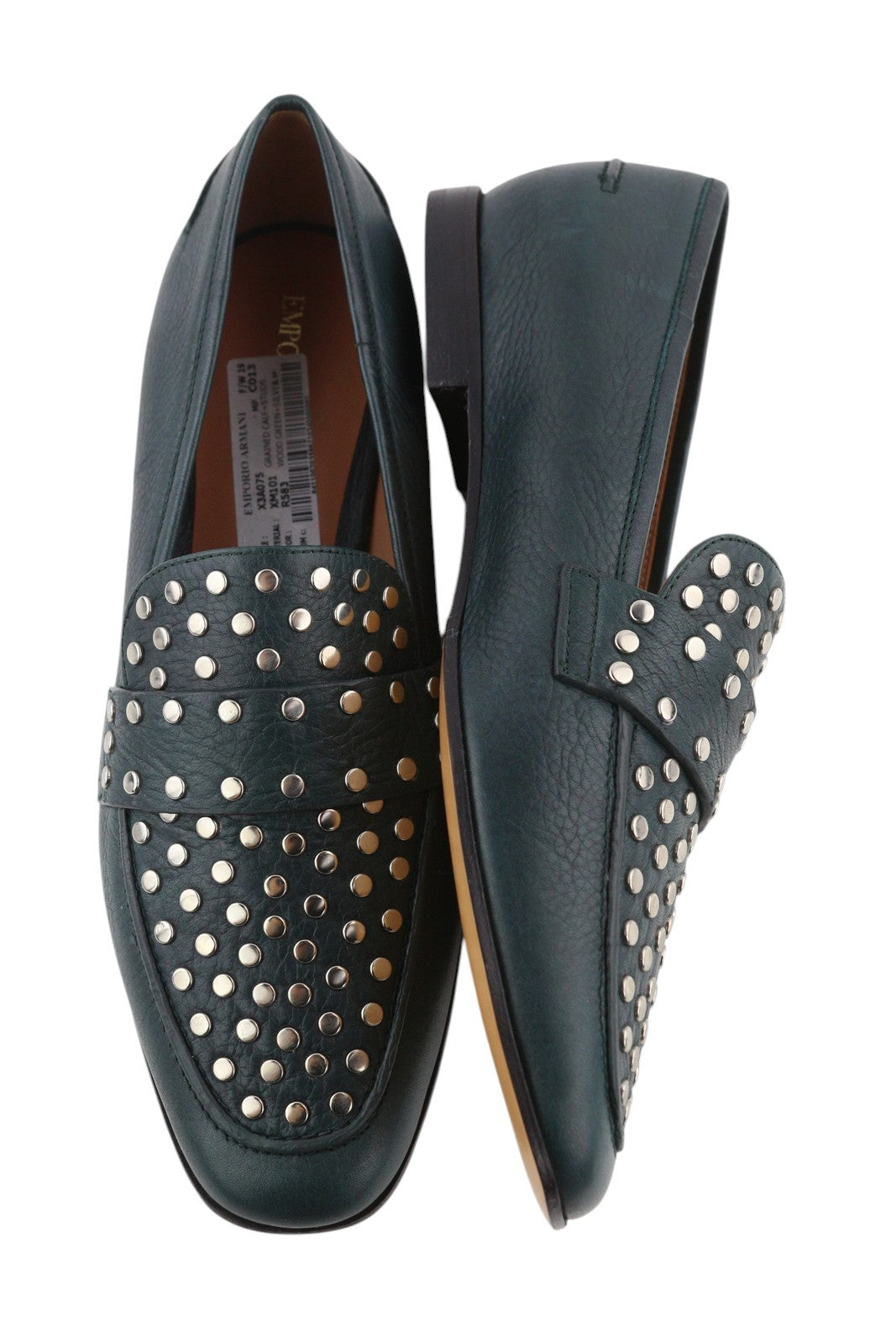 EMPORIO ARMANI X3A075 moteriški bateliai su žalia oda, sidabro atspalvio detalėmis. 