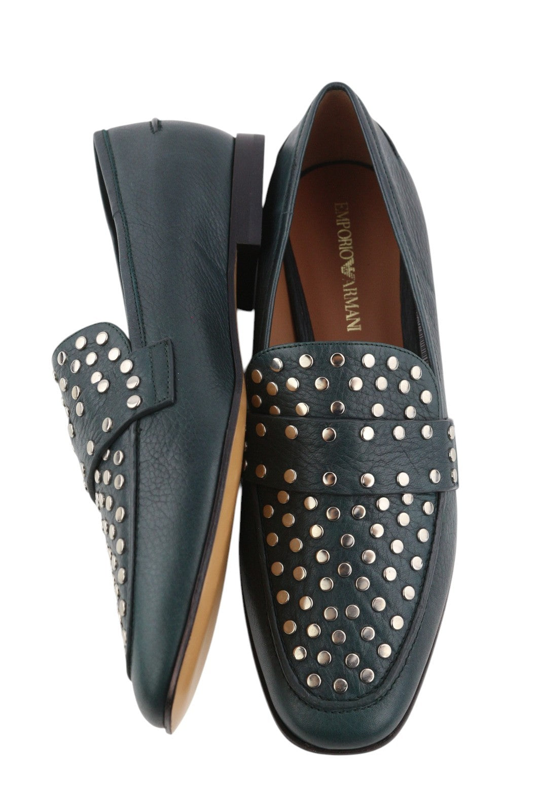 EMPORIO ARMANI X3A075 moteriški bateliai su žalia oda, sidabro atspalvio detalėmis. 