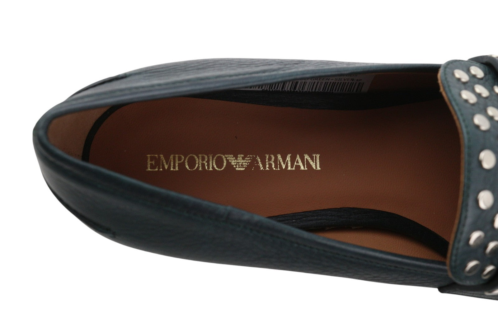 EMPORIO ARMANI X3A075 moteriški bateliai su žalia oda, sidabro atspalvio detalėmis. 