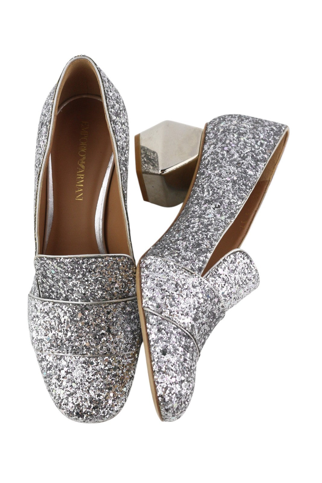 EMPORIO ARMANI X3E353 moteriški aukštakulniai, 37 dydžio, odiniai, blizgantys, sidabriniai, su iškirpte. 