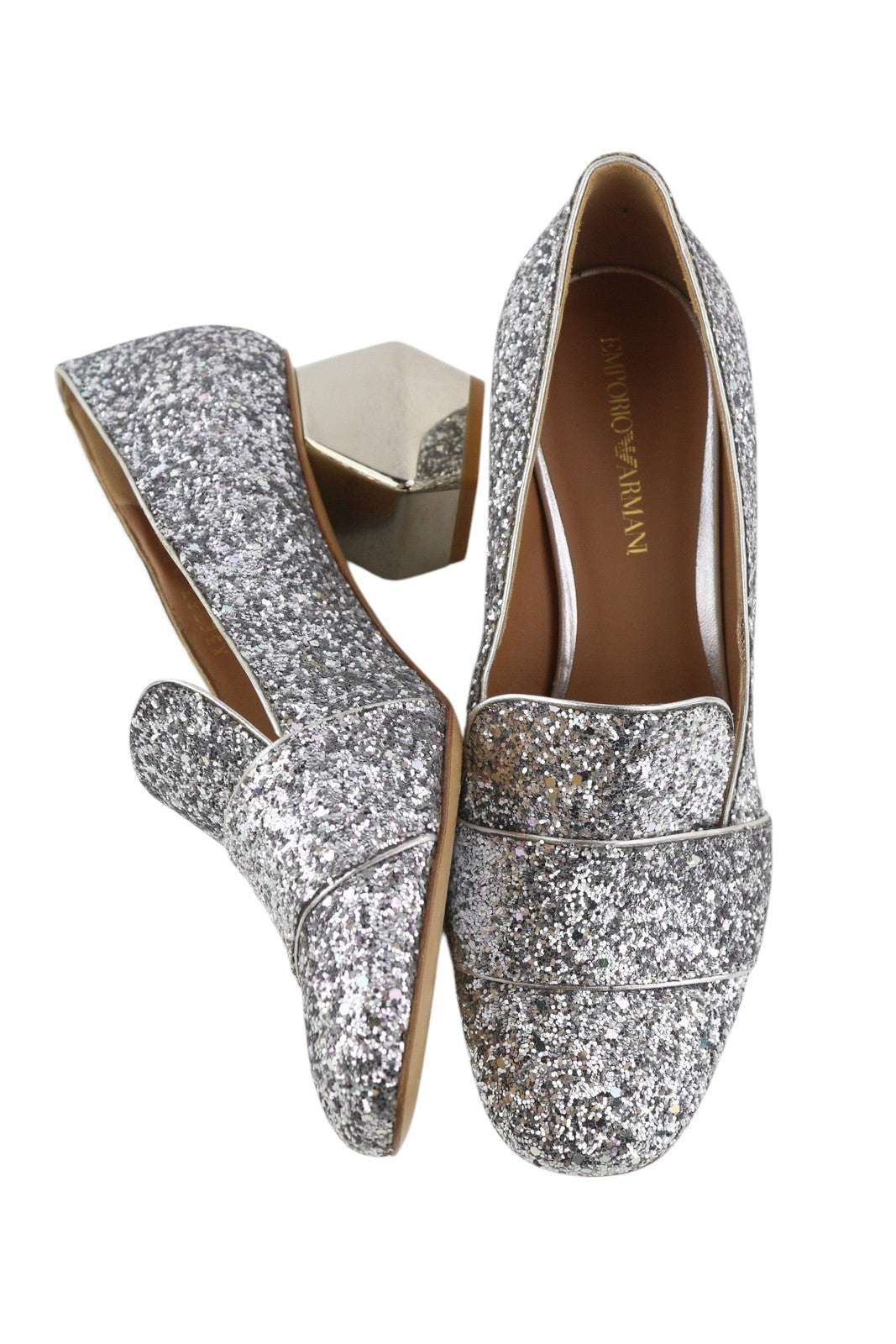 EMPORIO ARMANI X3E353 moteriški aukštakulniai, 37 dydžio, odiniai, blizgantys, sidabriniai, su iškirpte. 