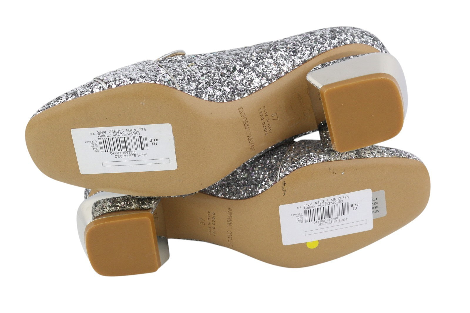 EMPORIO ARMANI X3E353 moteriški aukštakulniai, 37 dydžio, odiniai, blizgantys, sidabriniai, su iškirpte. 