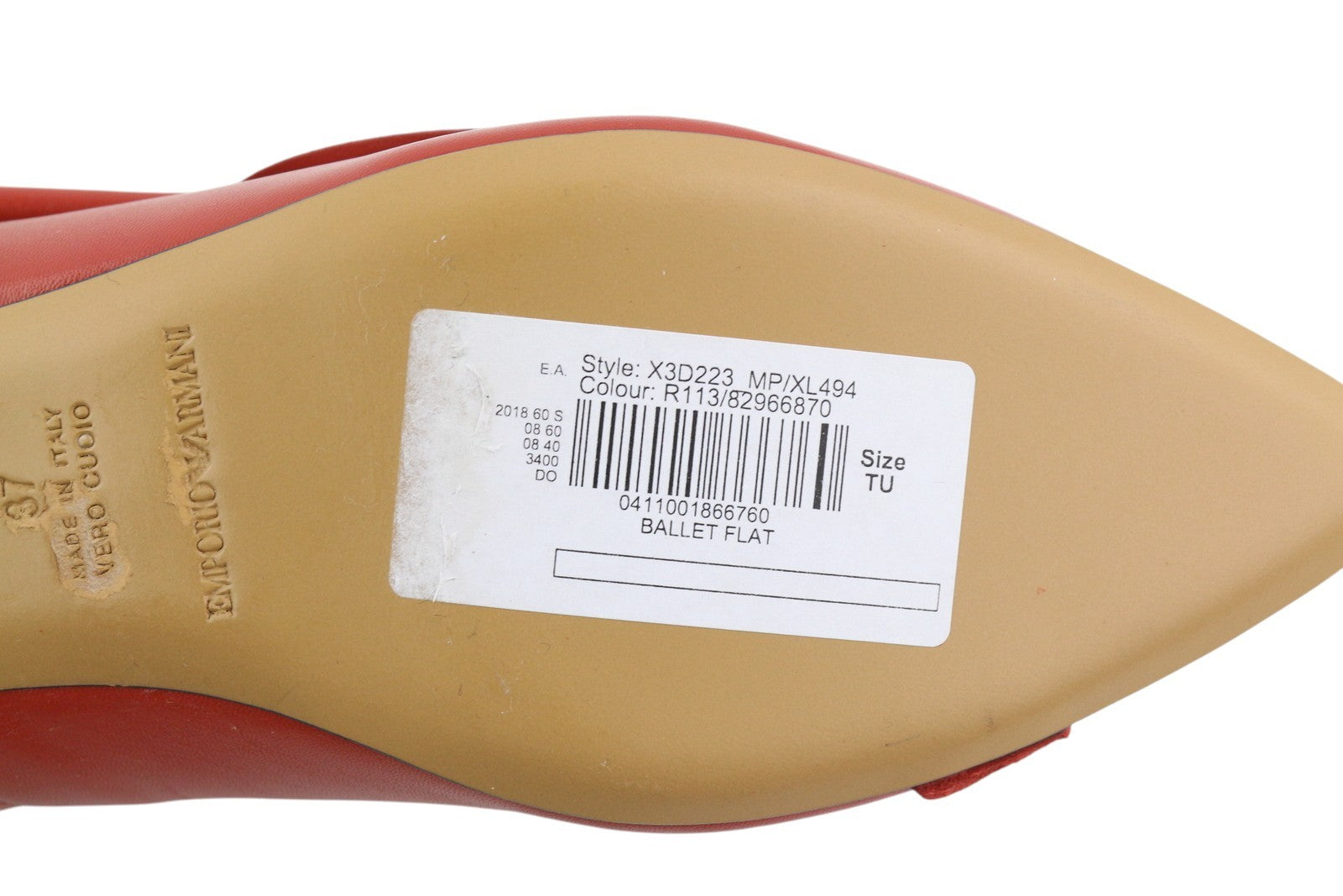 EMPORIO ARMANI X3D223 Women Flats EU37 Red Leather Pointed Toe Slip On Casual