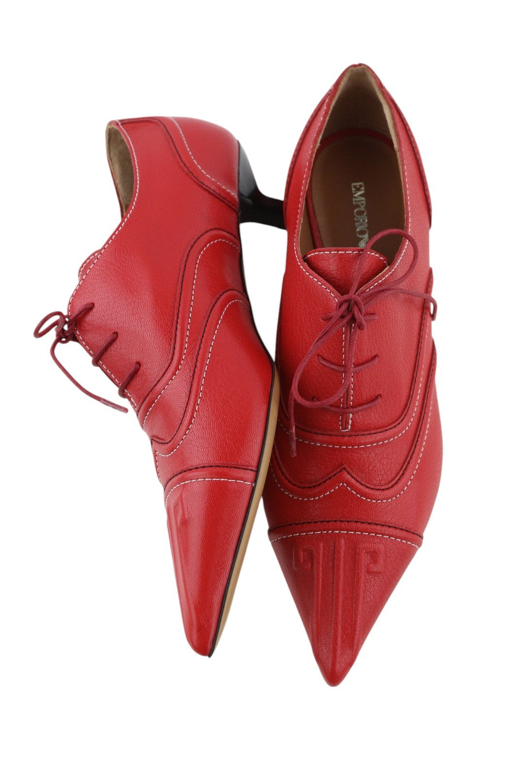 EMPORIO ARMANI moteriški aukštakulniai, 37 €, raudoni, odiniai, smailiomis nosimis, su raišteliais. 